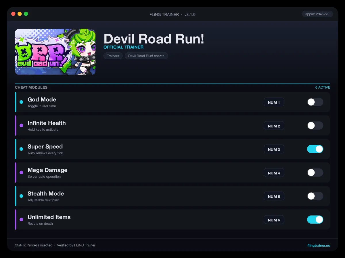 Devil Road Run! Trainer interface