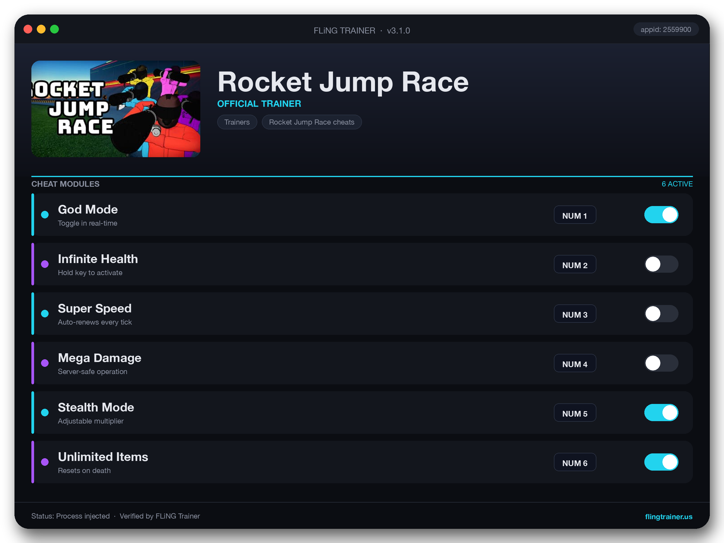 Rocket Jump Race Trainer interface