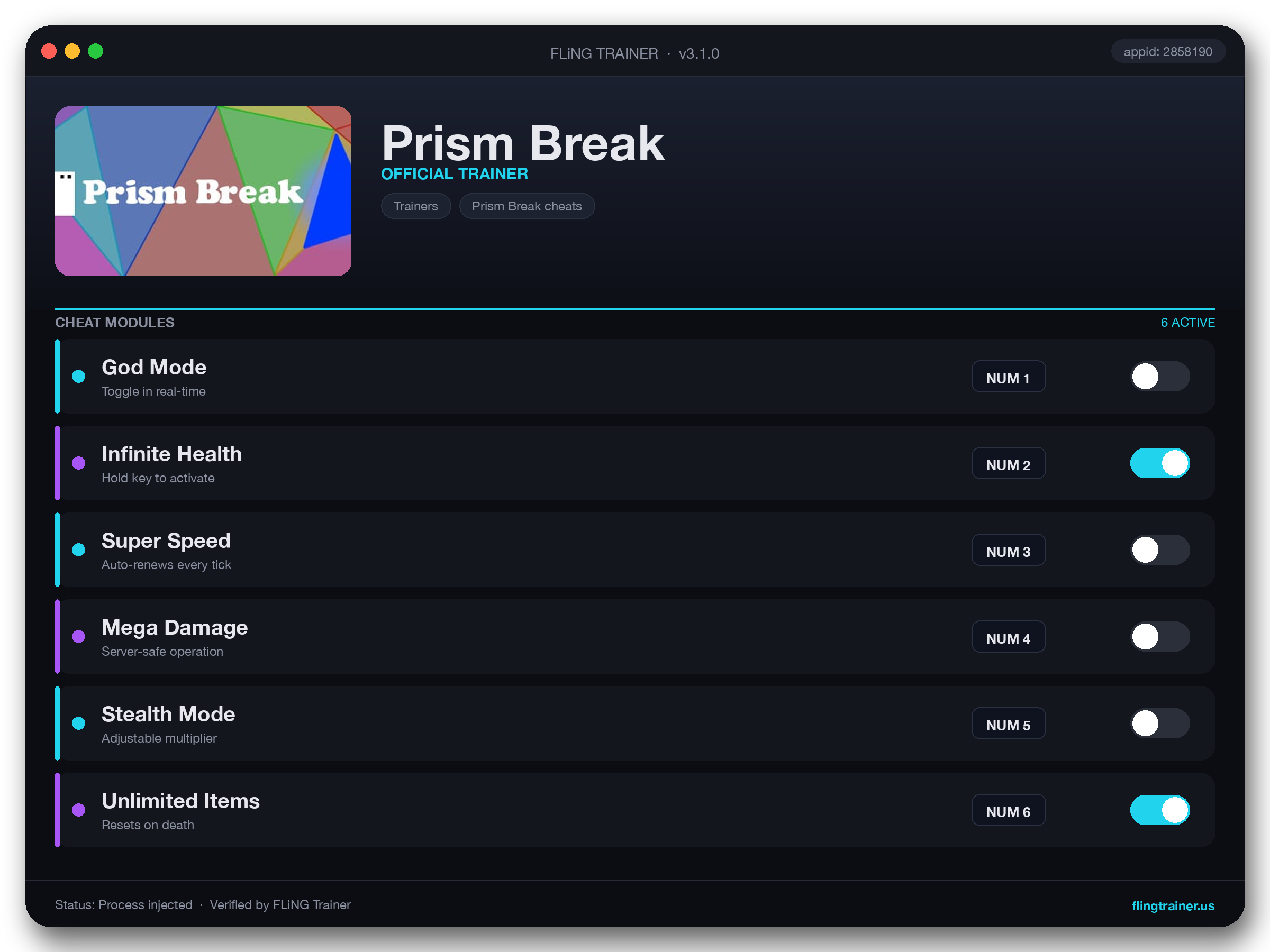 Prism Break Trainer interface