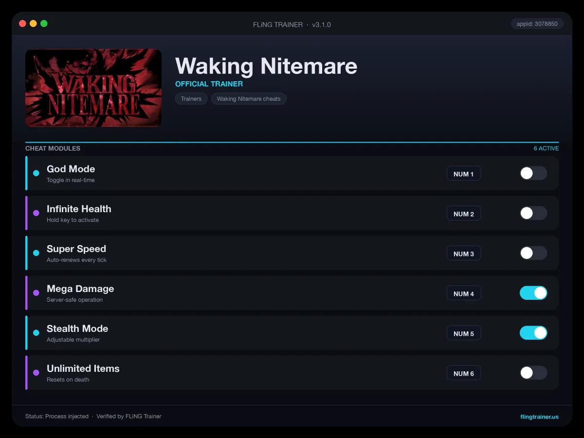 Waking Nitemare Trainer interface