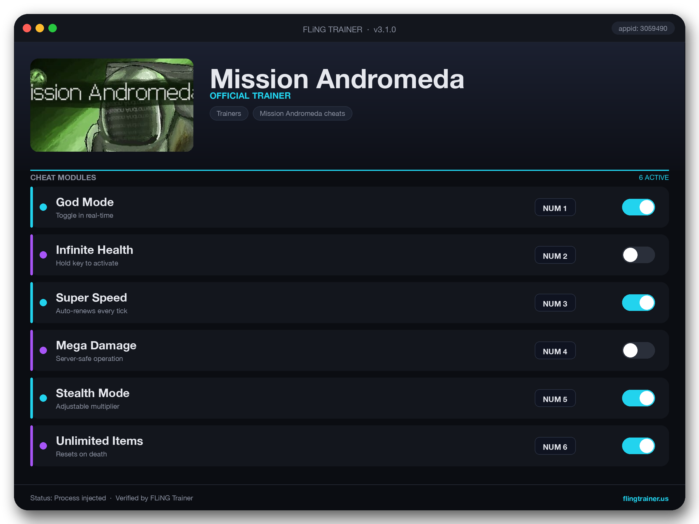 Mission Andromeda Trainer interface