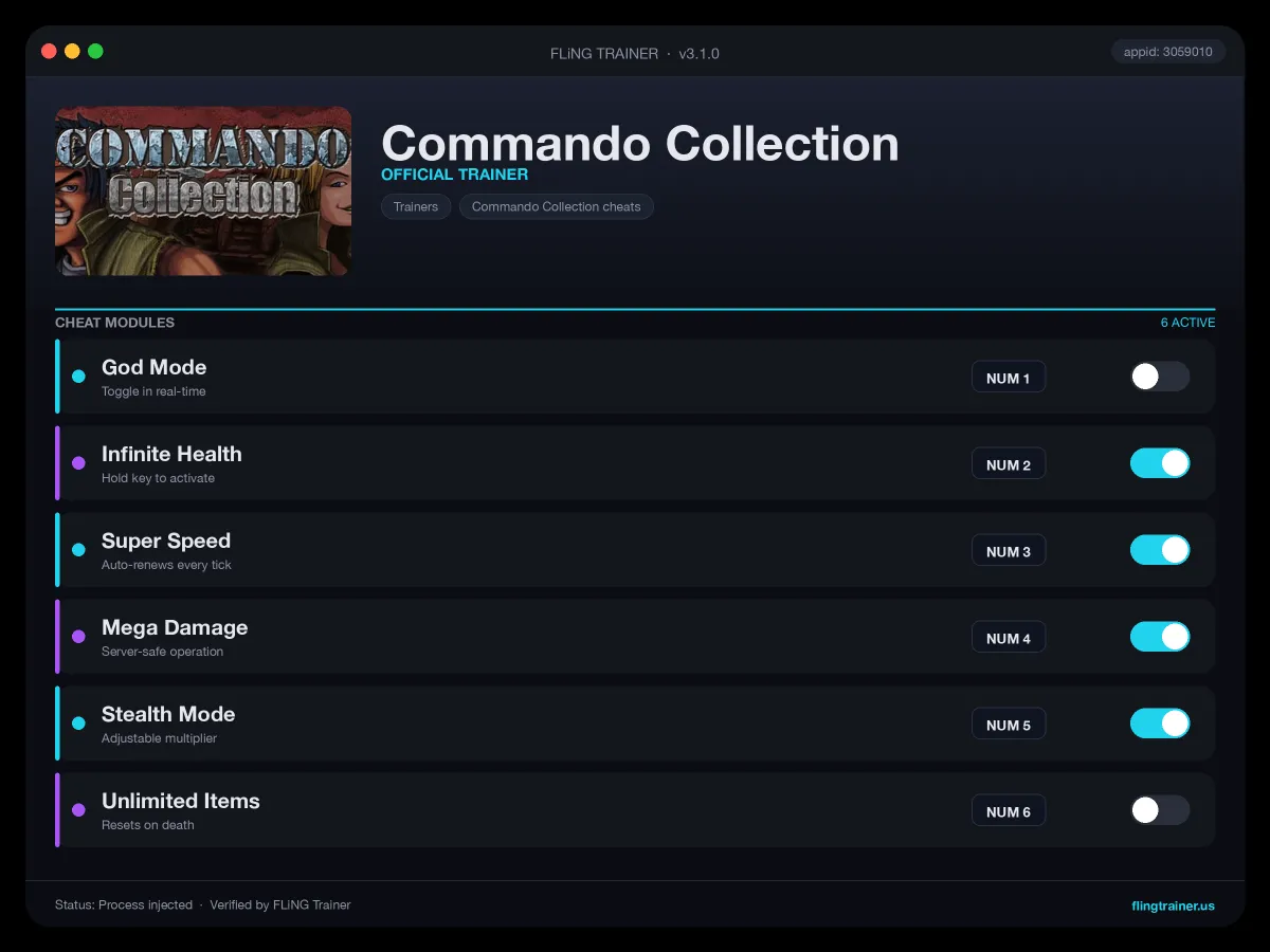 Commando Collection Trainer interface