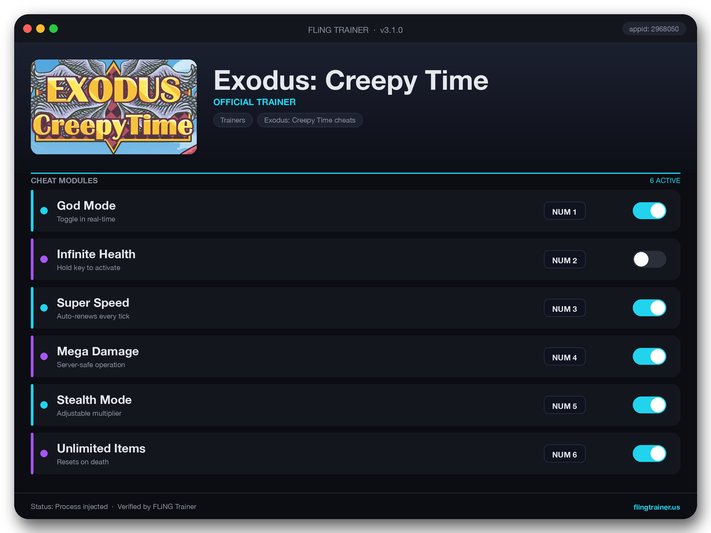 Exodus: Creepy Time Trainer interface