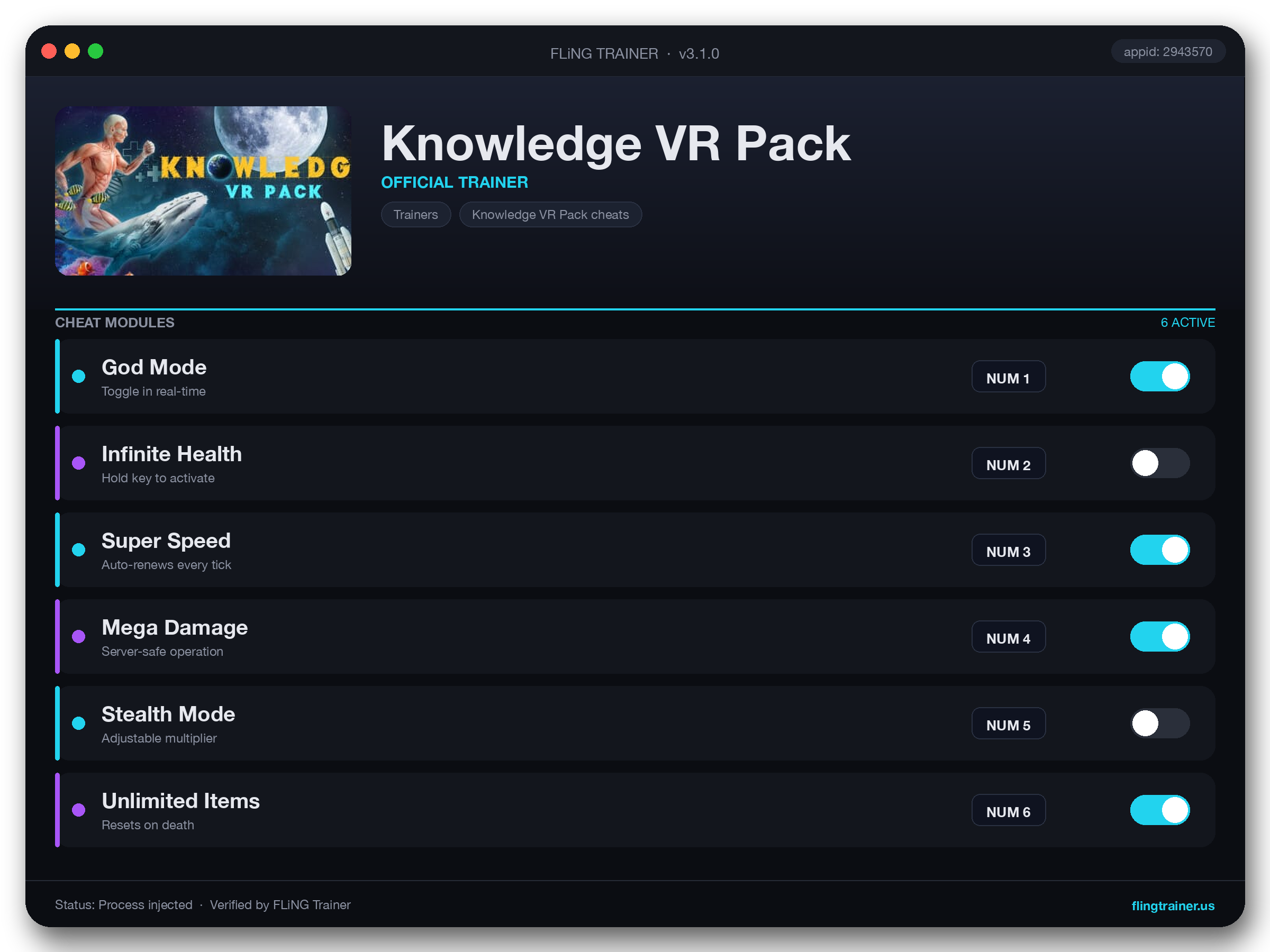 Knowledge VR Pack Trainer interface