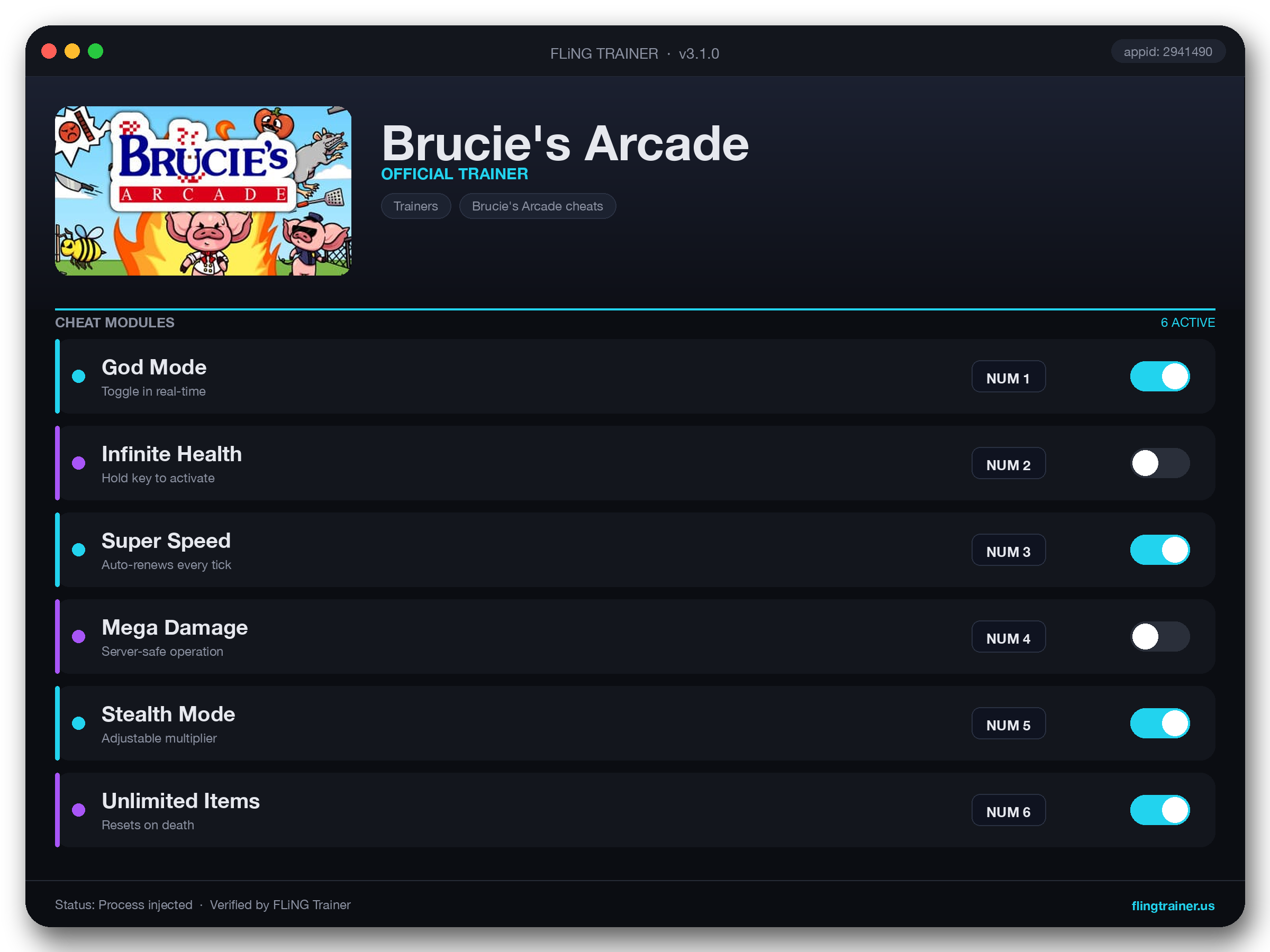 Brucie's Arcade Trainer interface
