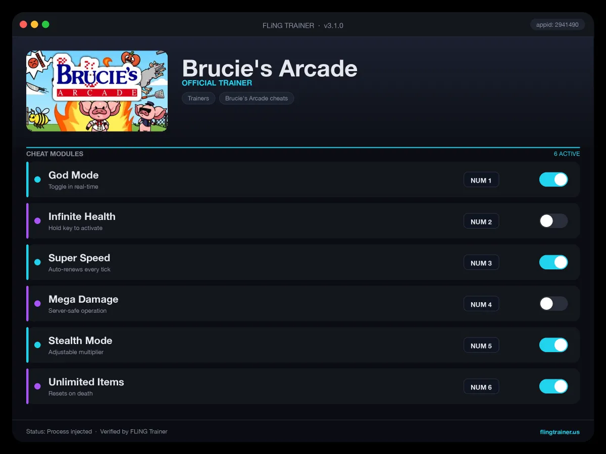 Brucie's Arcade Trainer interface
