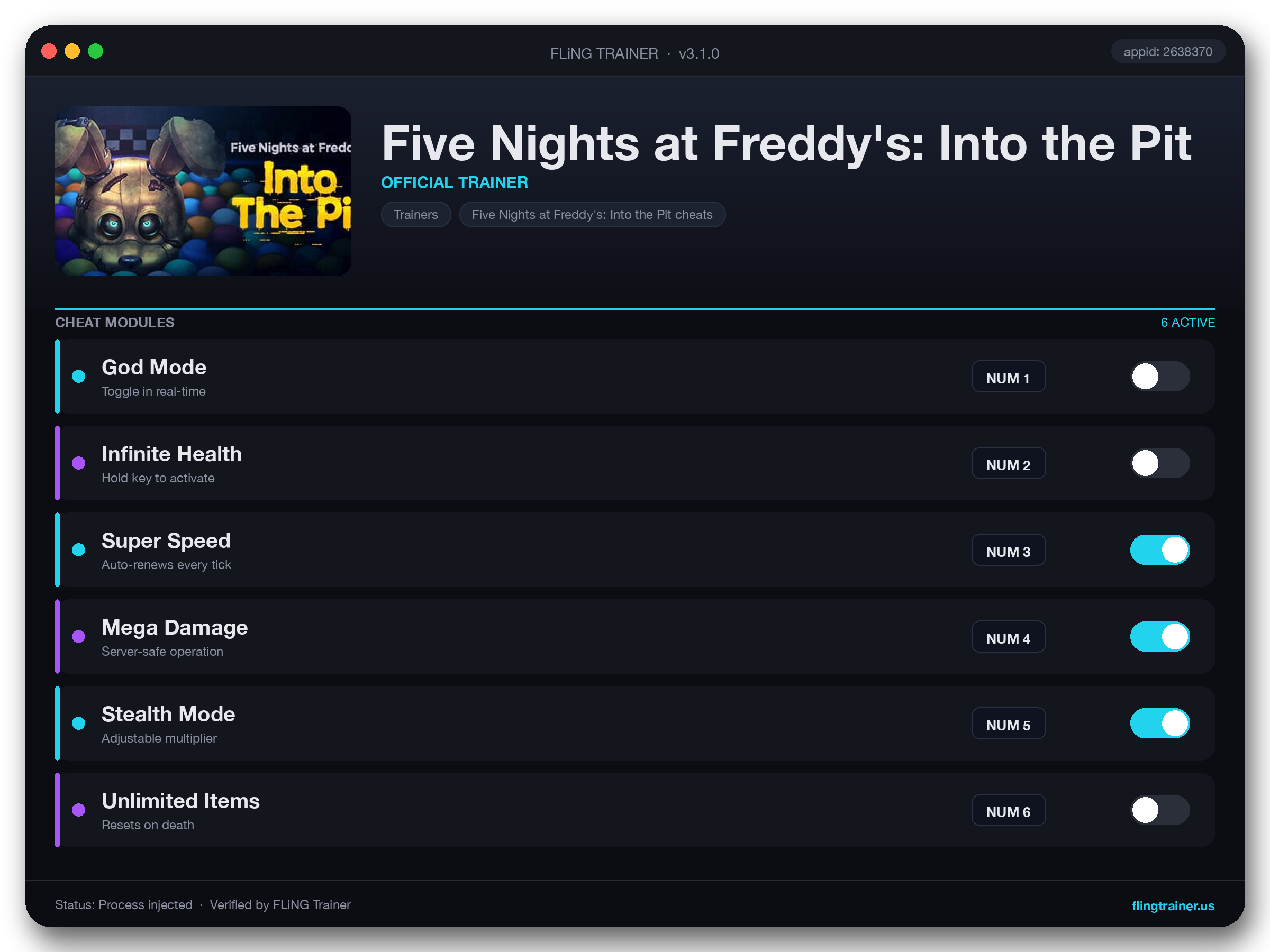 Five Nights at Freddy's: Into the Pit Trainer interface