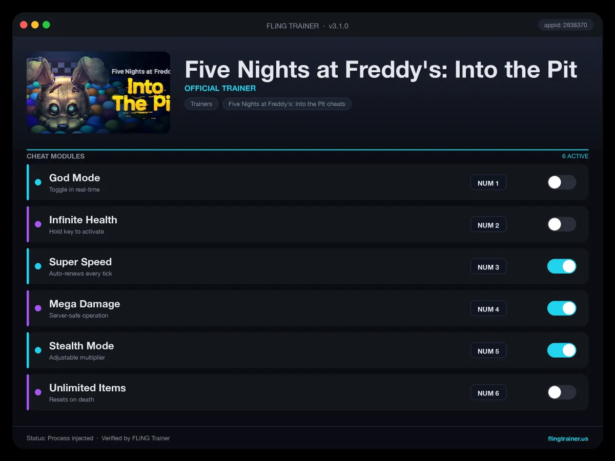 Five Nights at Freddy's: Into the Pit Trainer interface