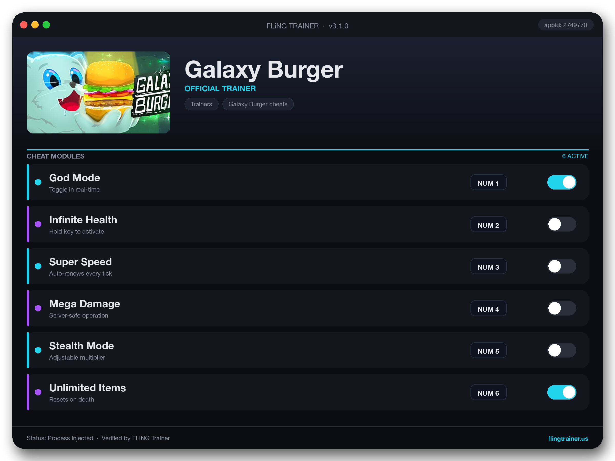 Galaxy Burger Trainer interface