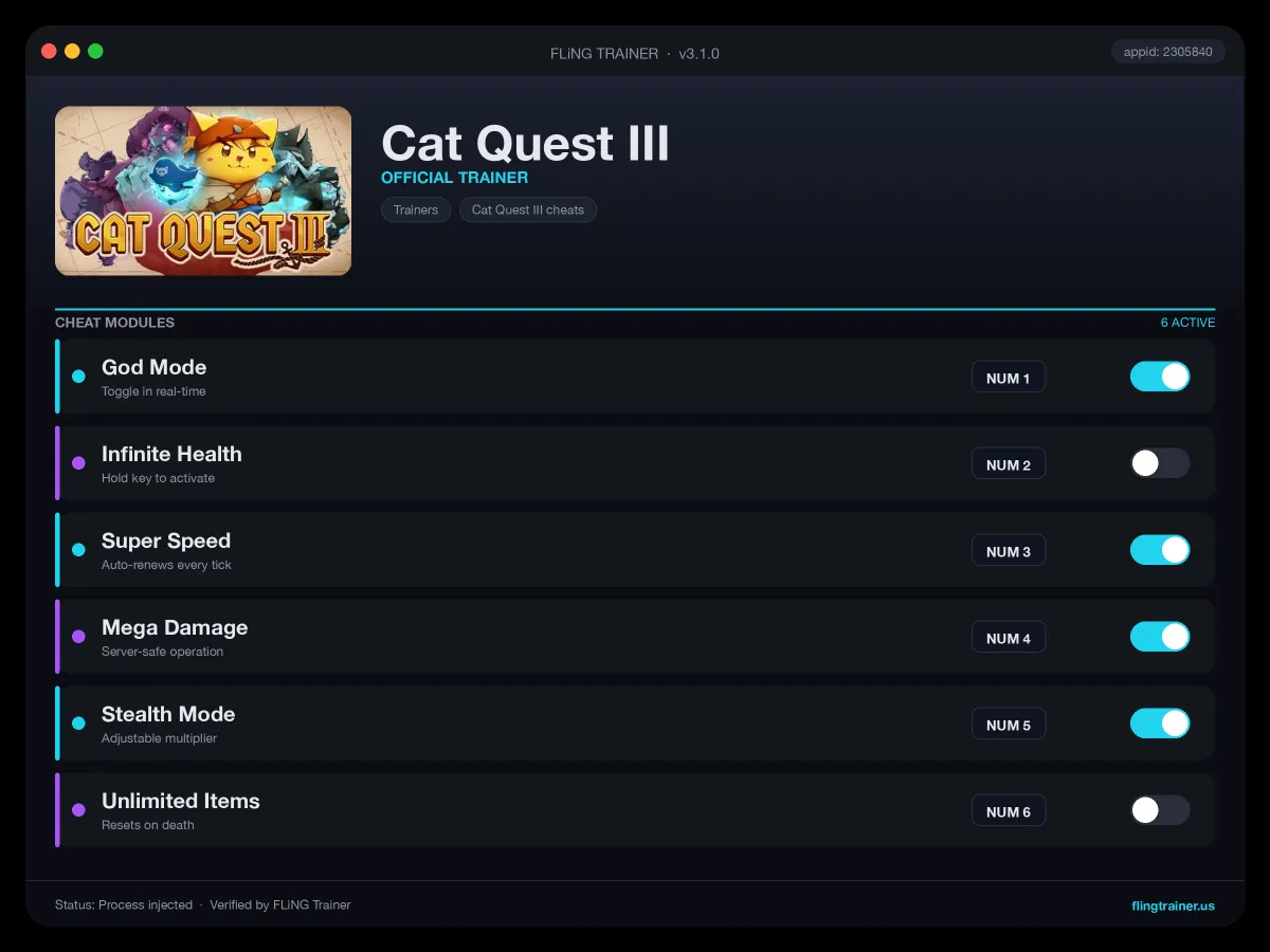 Cat Quest III Trainer interface