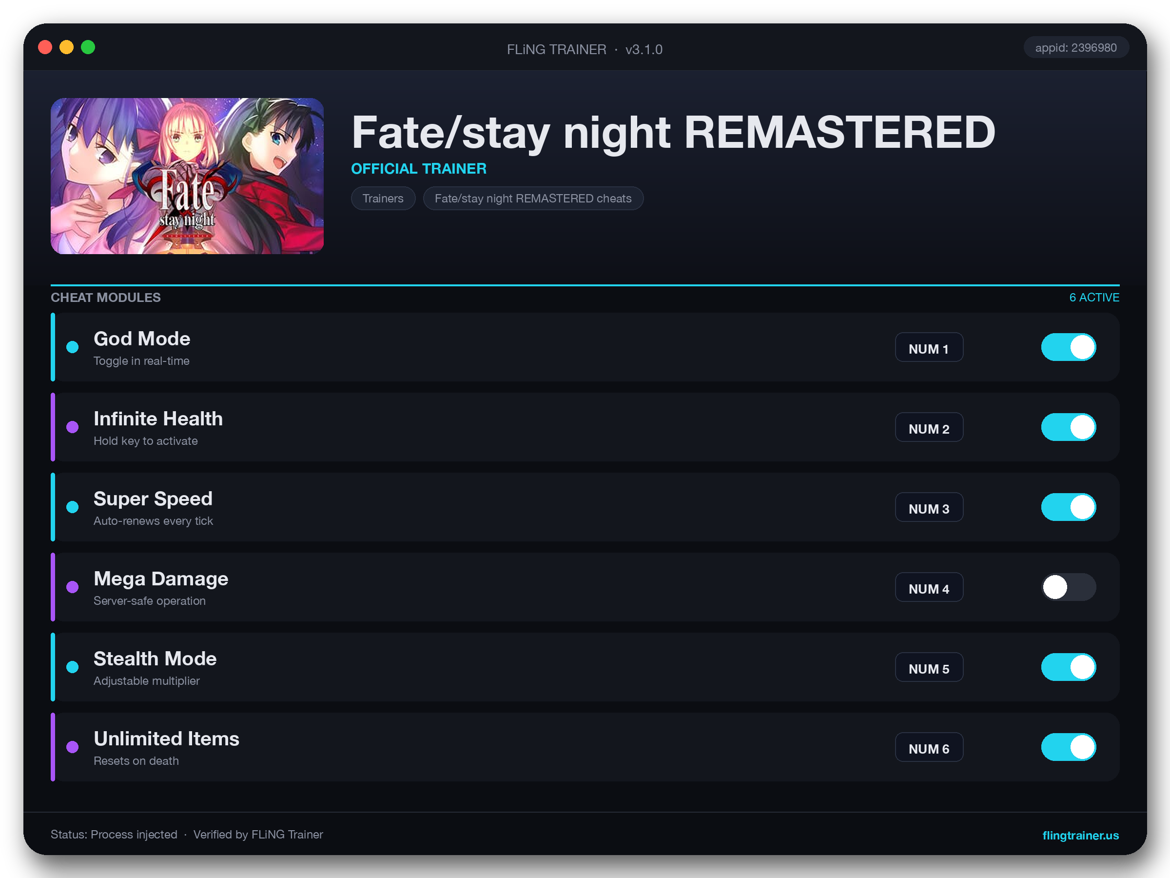 Fate/stay night REMASTERED Trainer interface