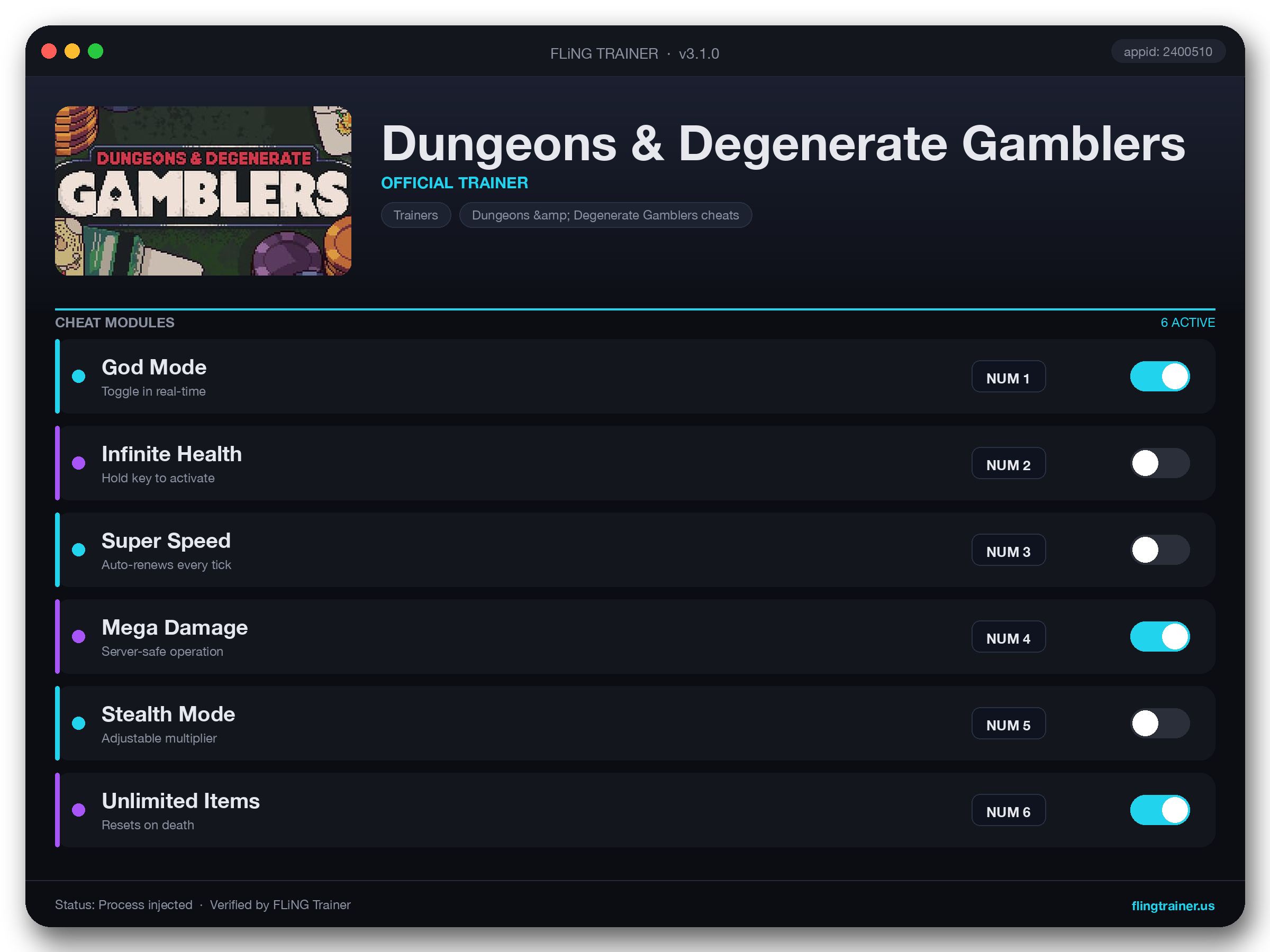 Dungeons & Degenerate Gamblers Trainer interface