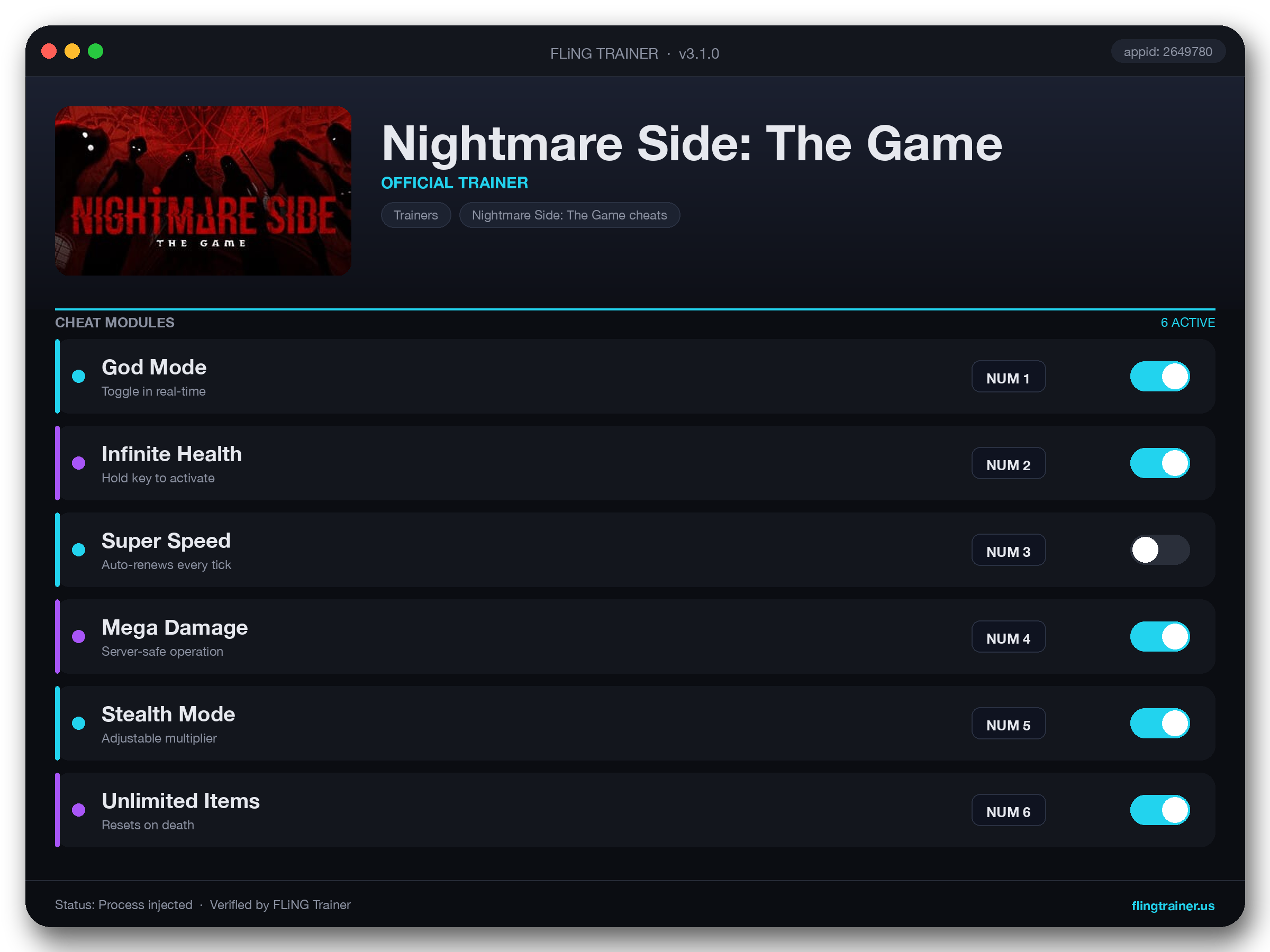 Nightmare Side: The Game Trainer interface