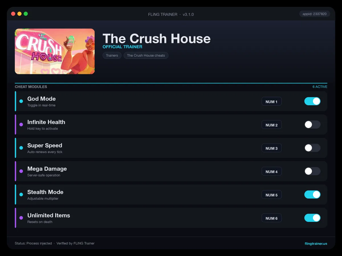 The Crush House Trainer interface