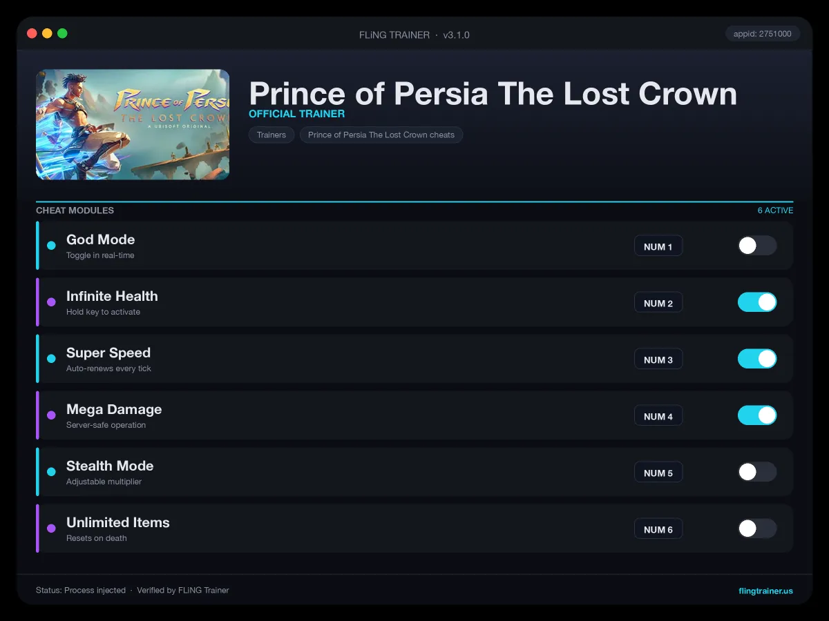 Prince of Persia The Lost Crown Trainer interface