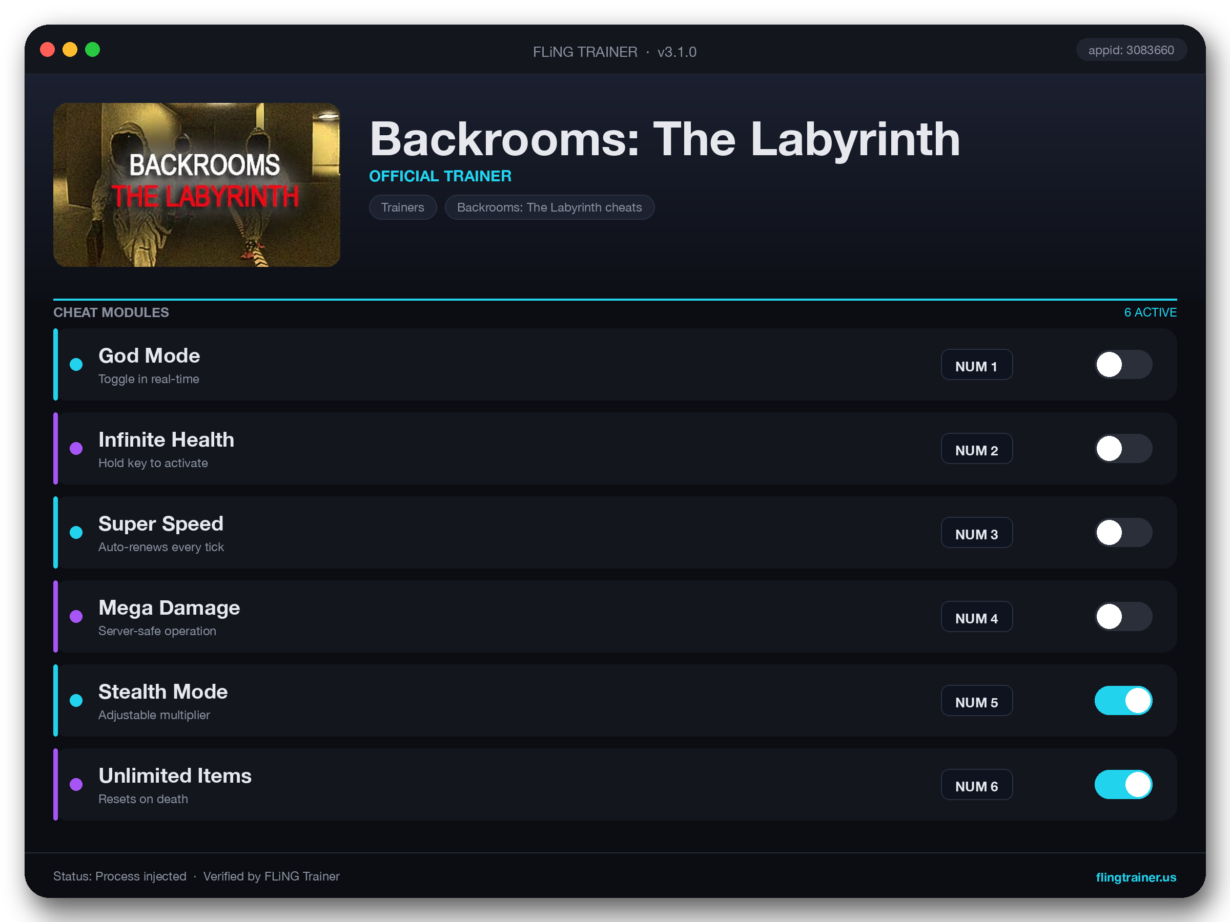 Backrooms: The Labyrinth Trainer interface
