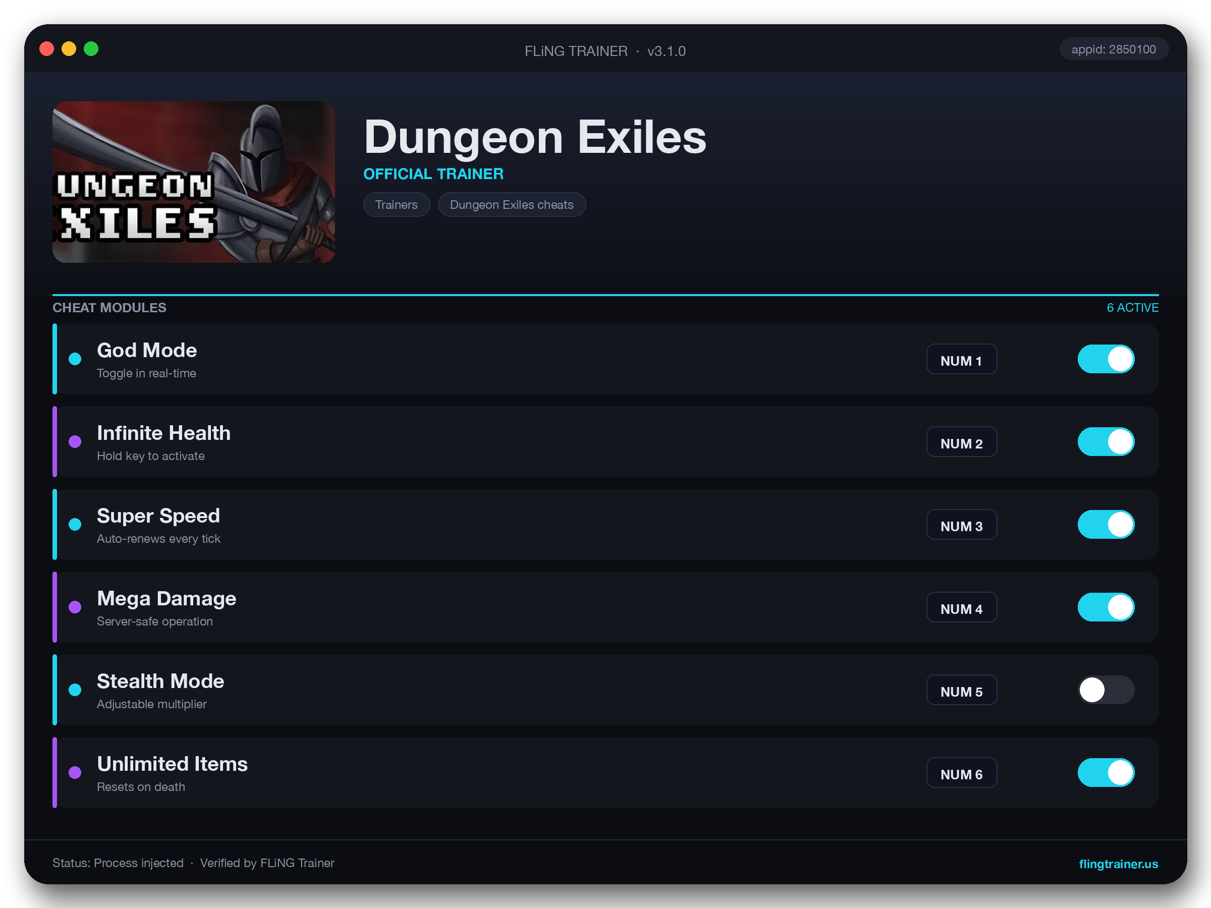 Dungeon Exiles Trainer interface