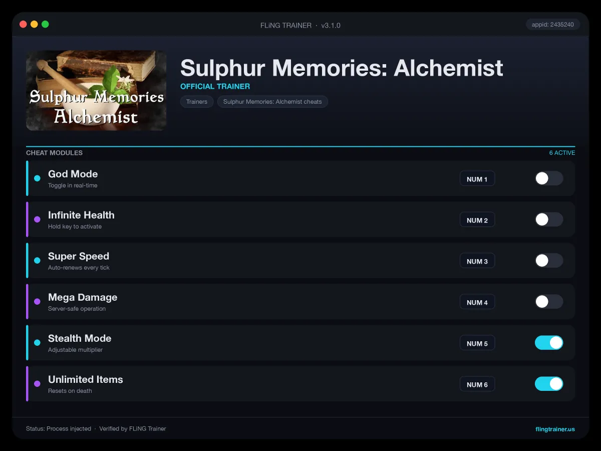 Sulphur Memories: Alchemist Trainer interface