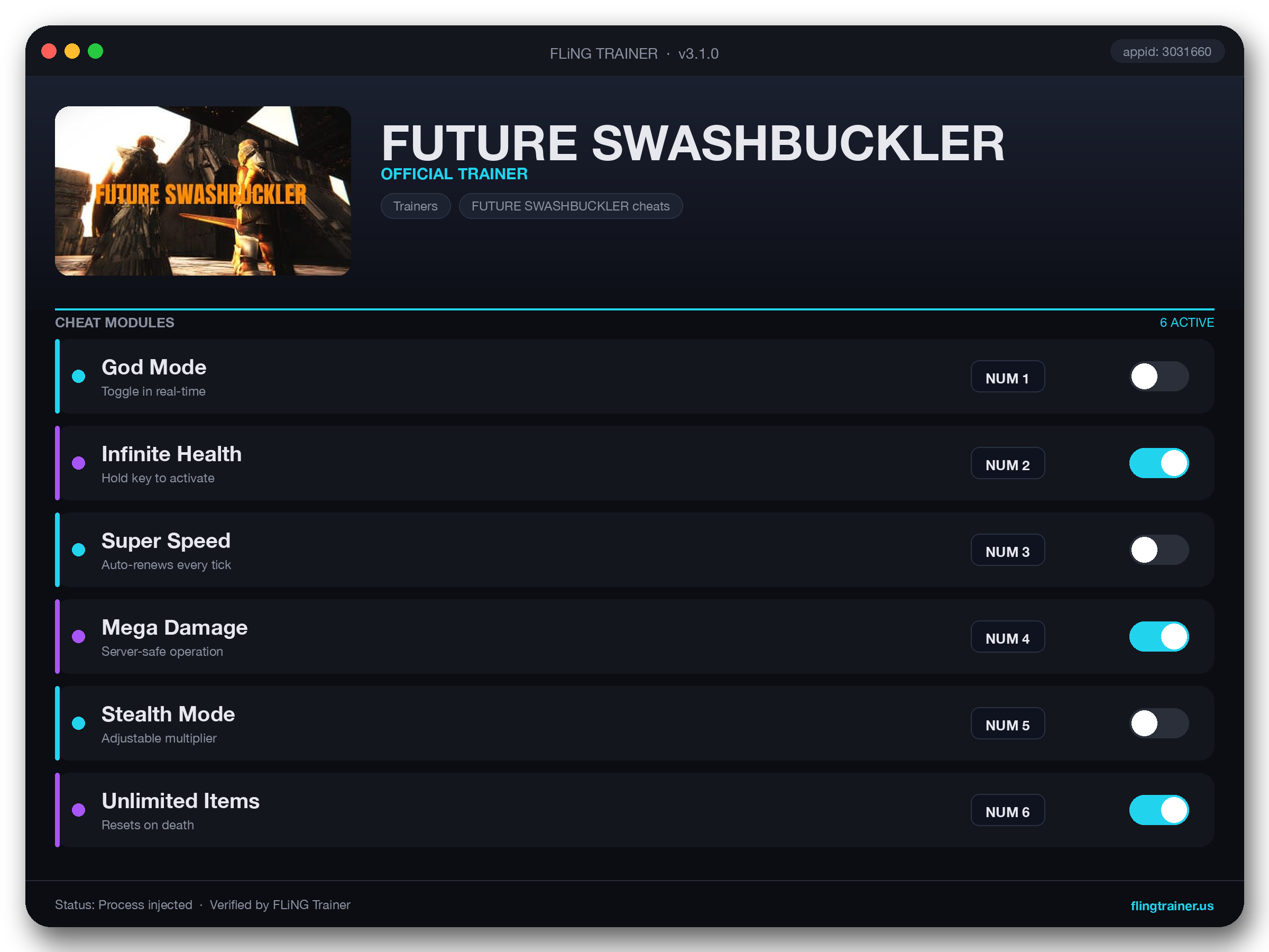 FUTURE SWASHBUCKLER Trainer interface