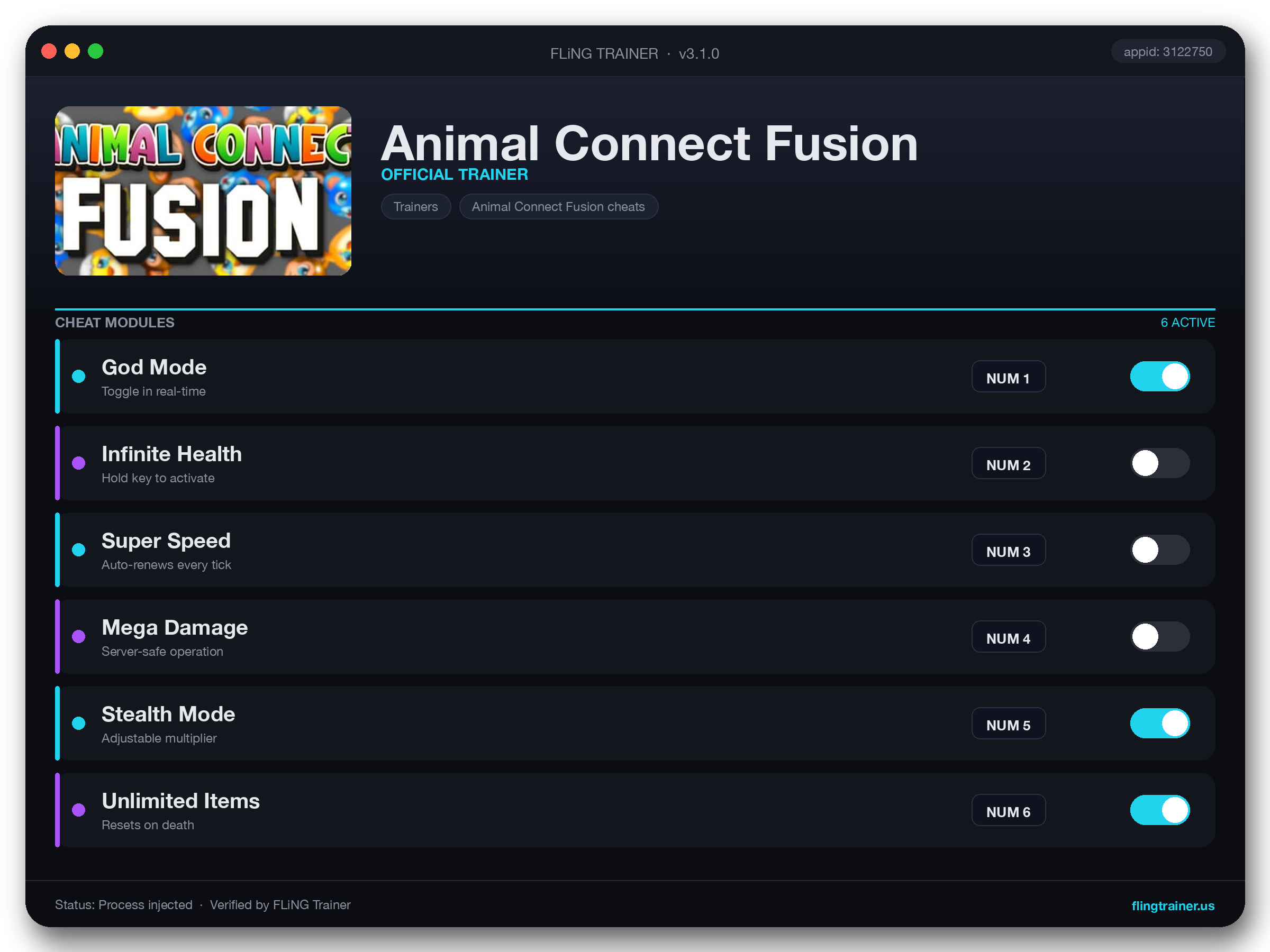 Animal Connect Fusion Trainer interface