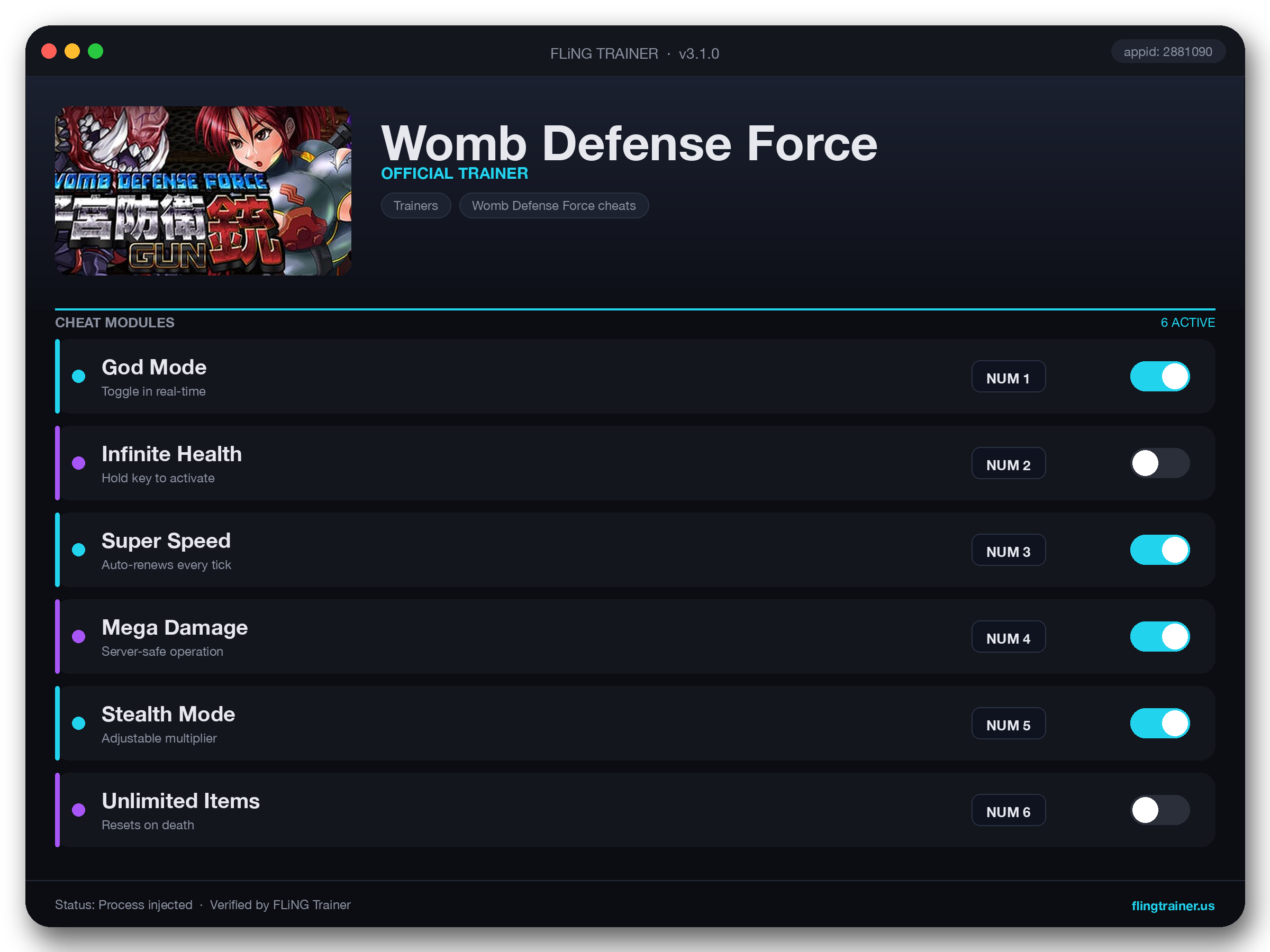 Womb Defense Force Trainer interface