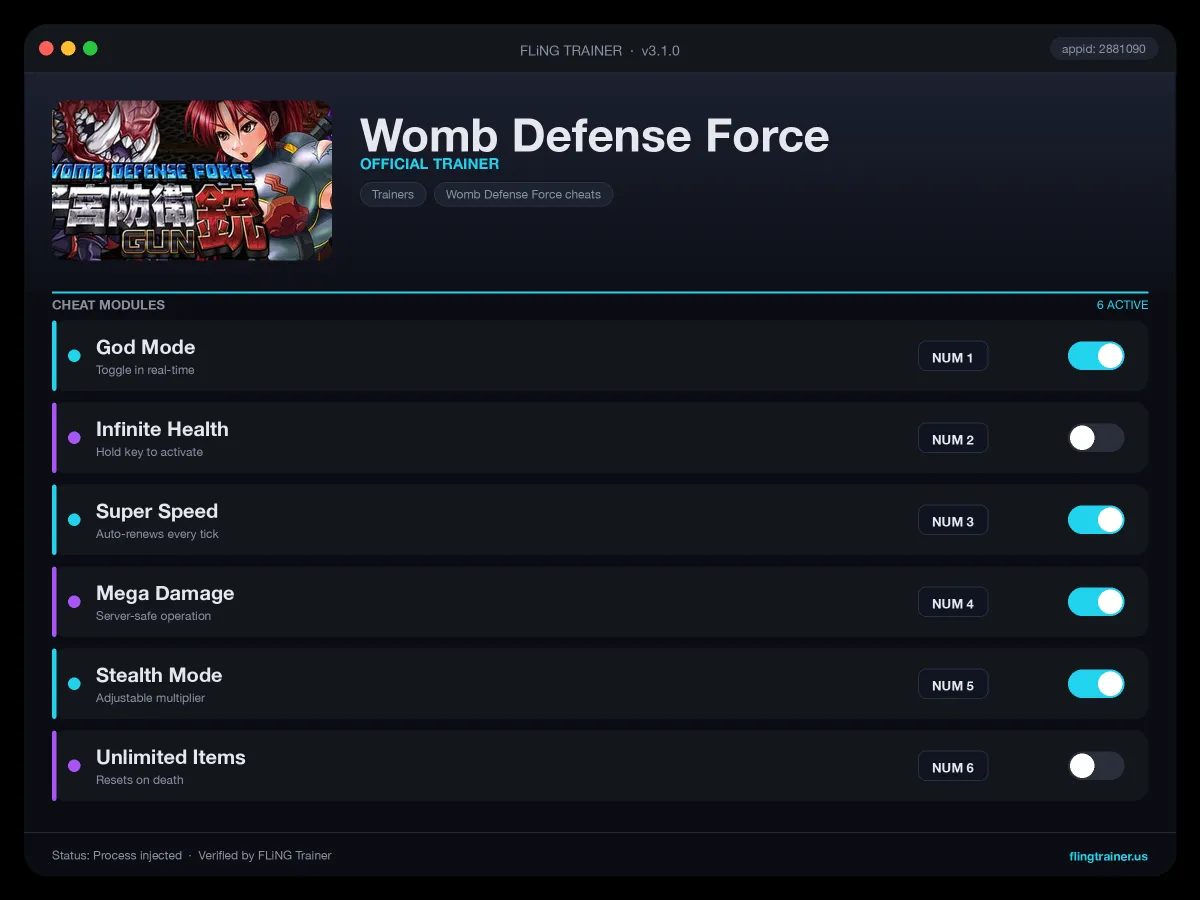 Womb Defense Force Trainer interface