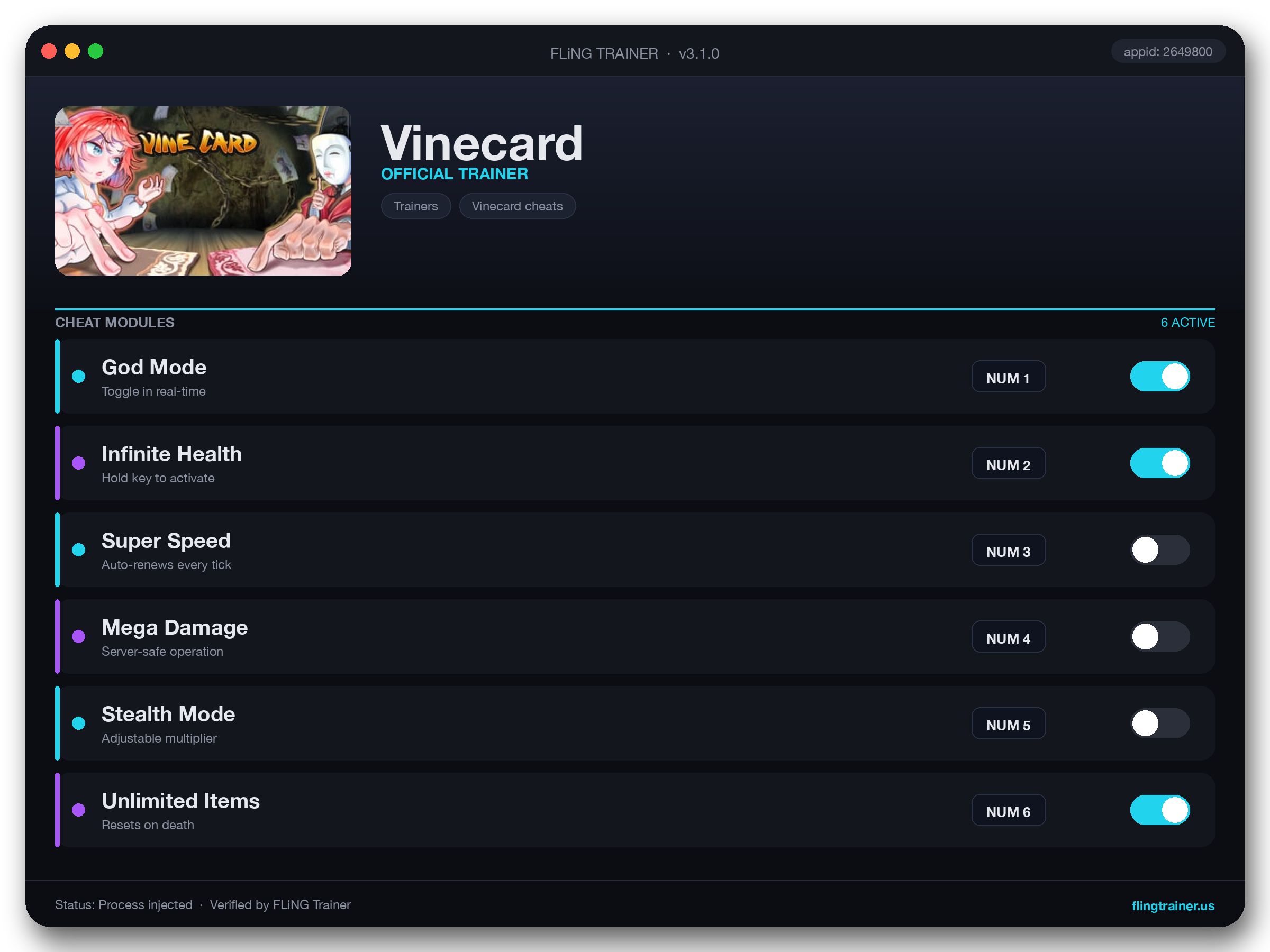 Vinecard Trainer interface