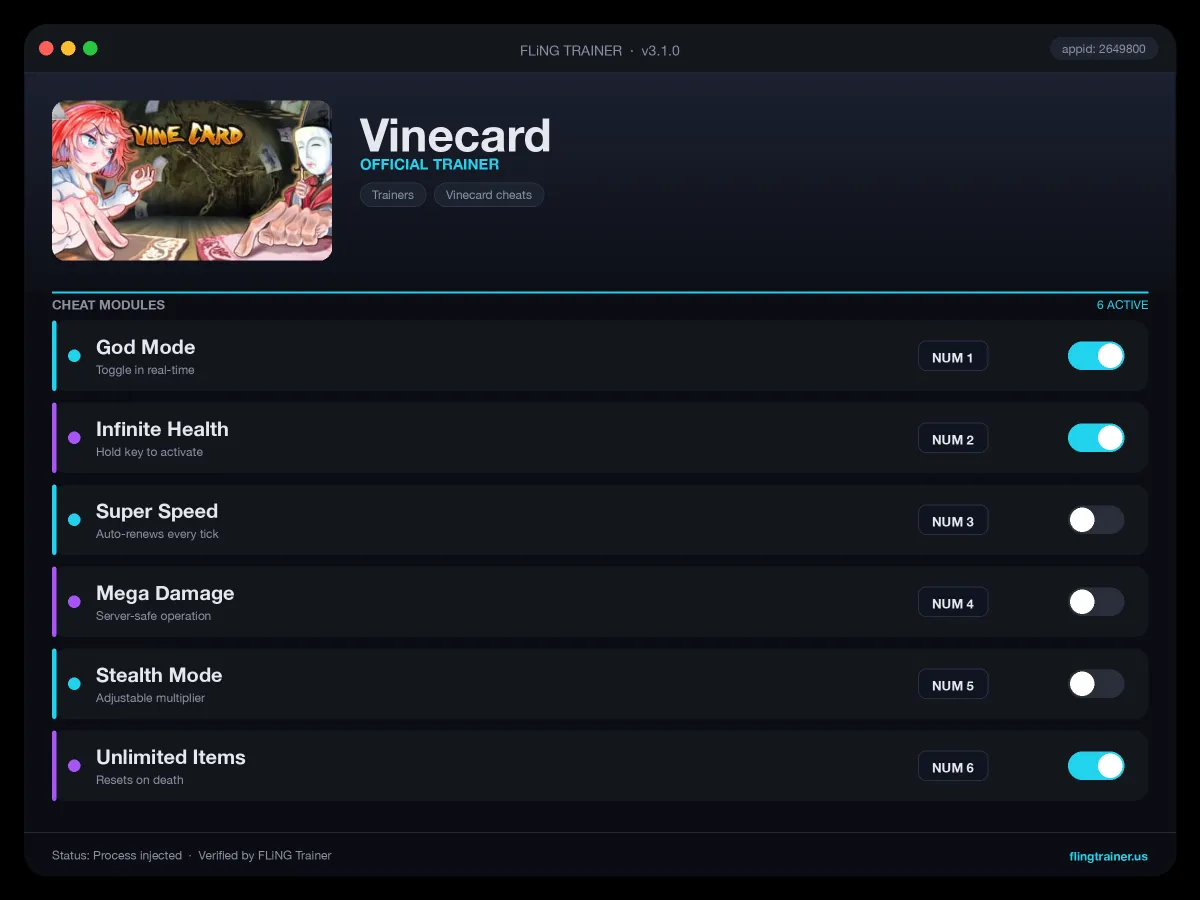 Vinecard Trainer interface