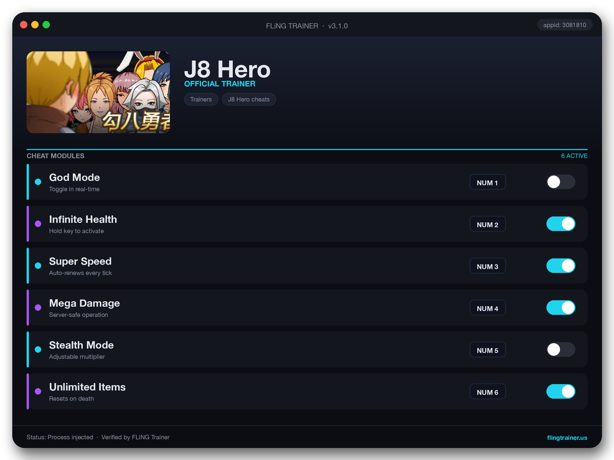 J8 Hero Trainer interface