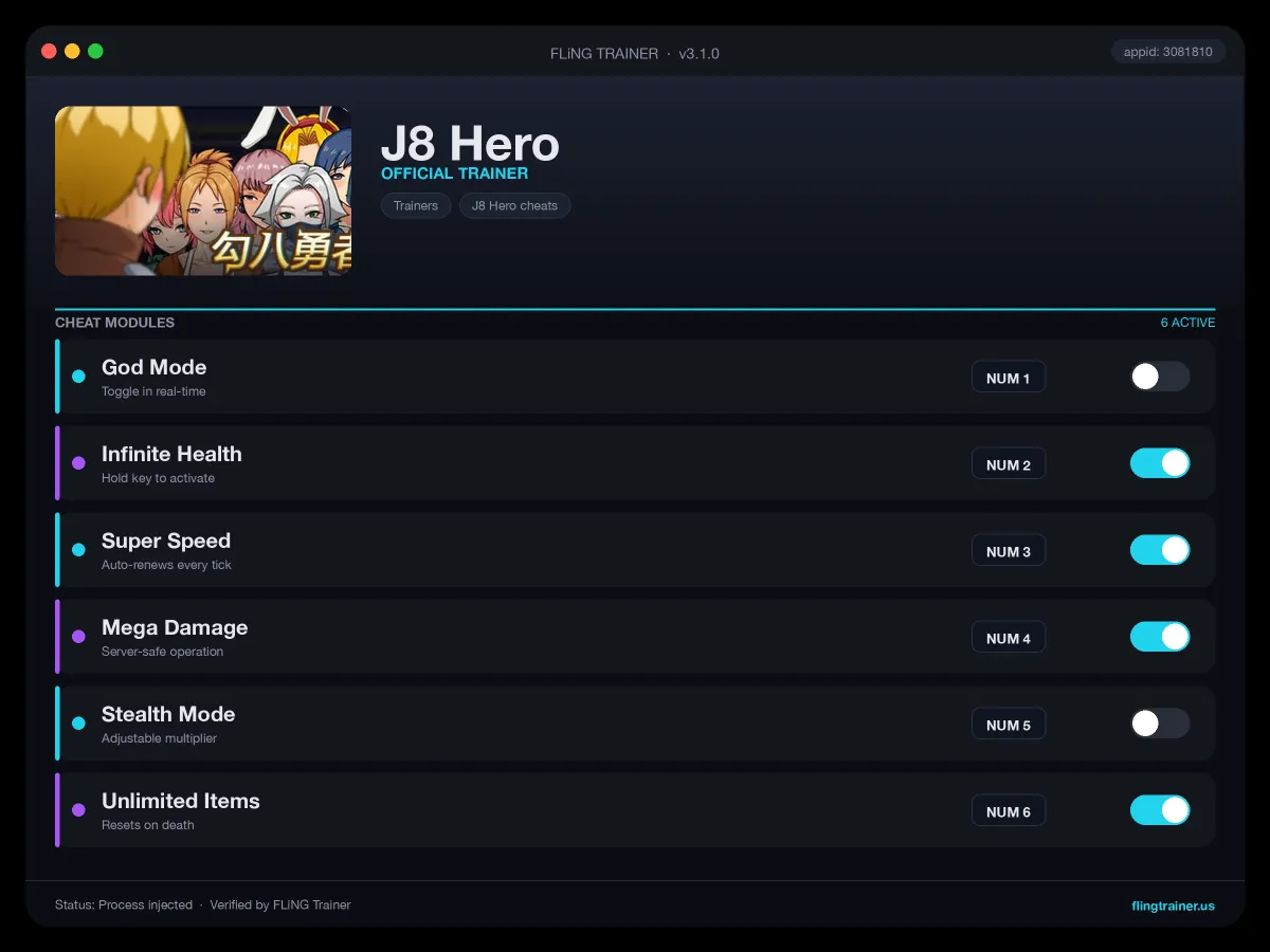 J8 Hero Trainer interface