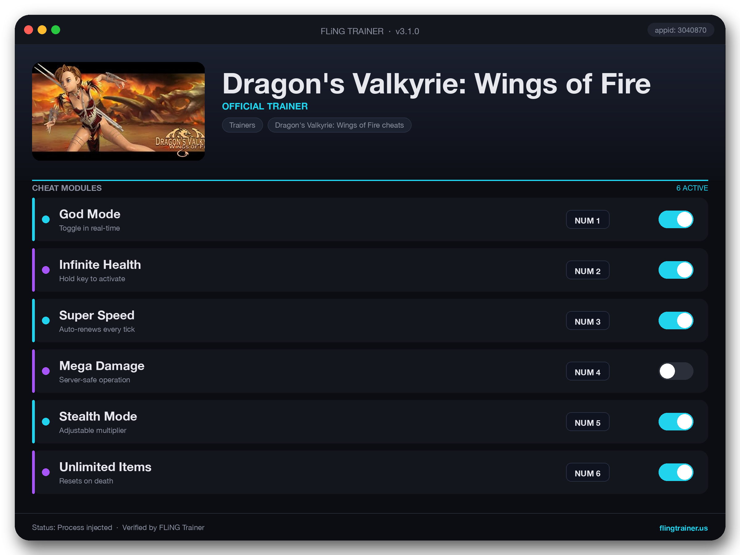 Dragon's Valkyrie: Wings of Fire Trainer interface
