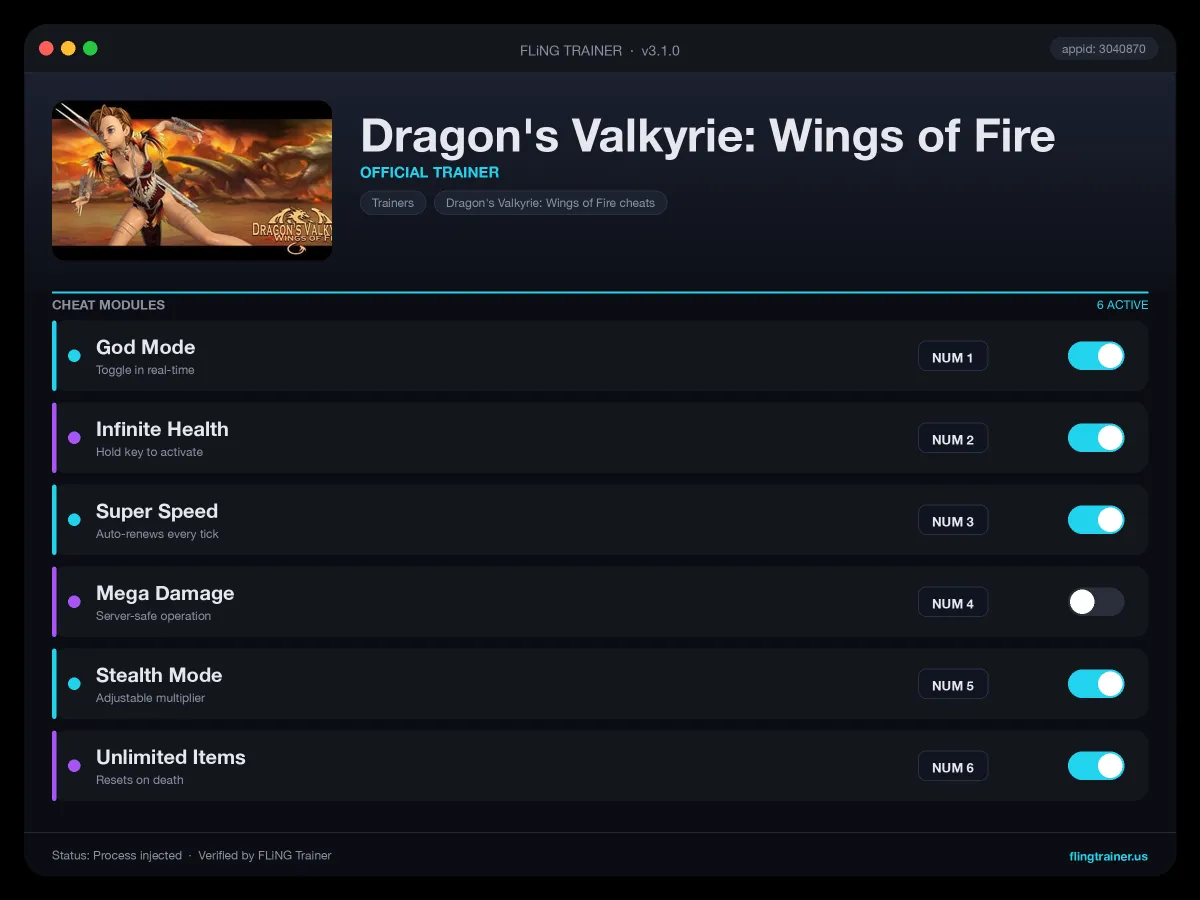Dragon's Valkyrie: Wings of Fire Trainer interface
