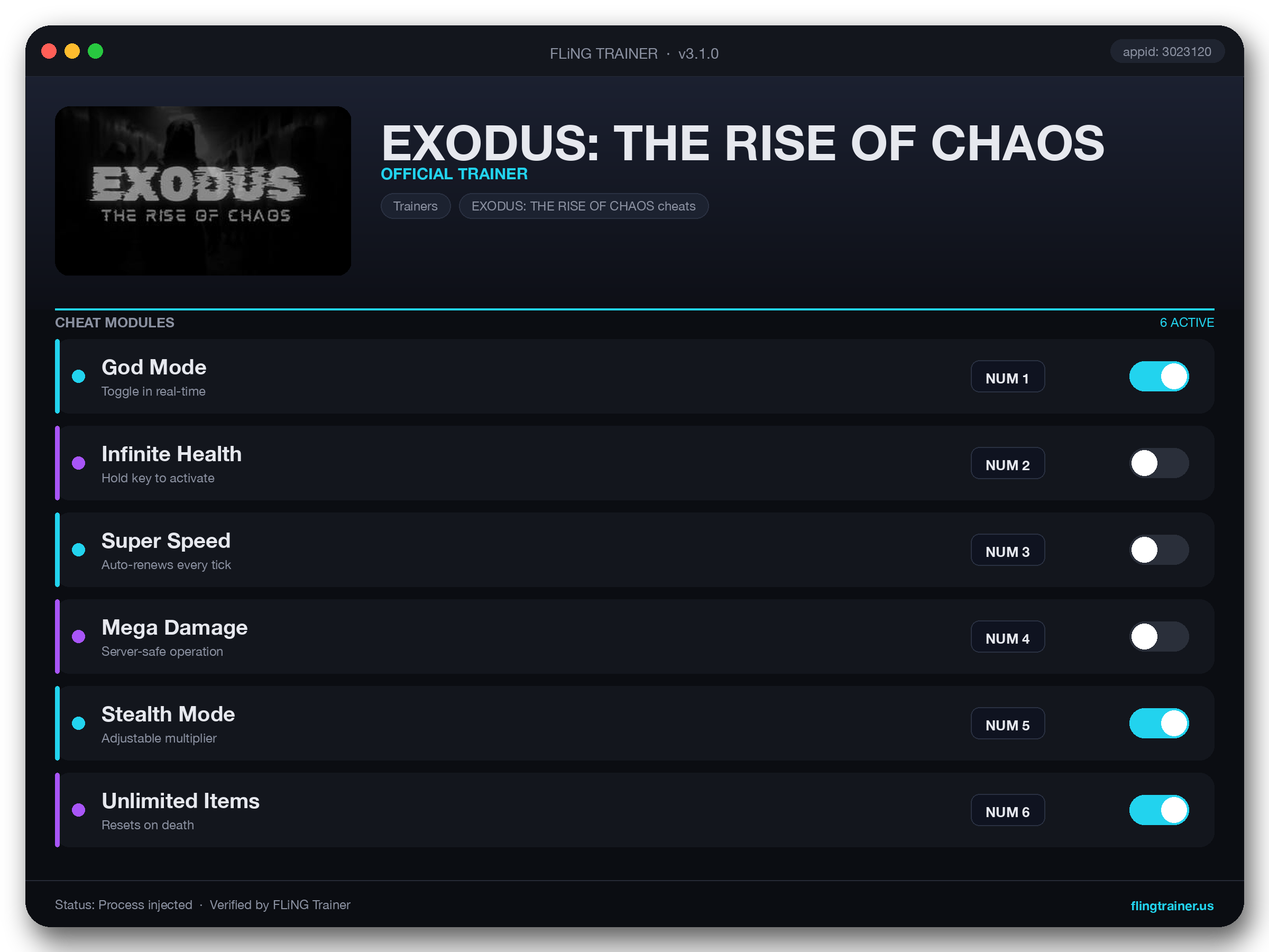 EXODUS: THE RISE OF CHAOS Trainer interface