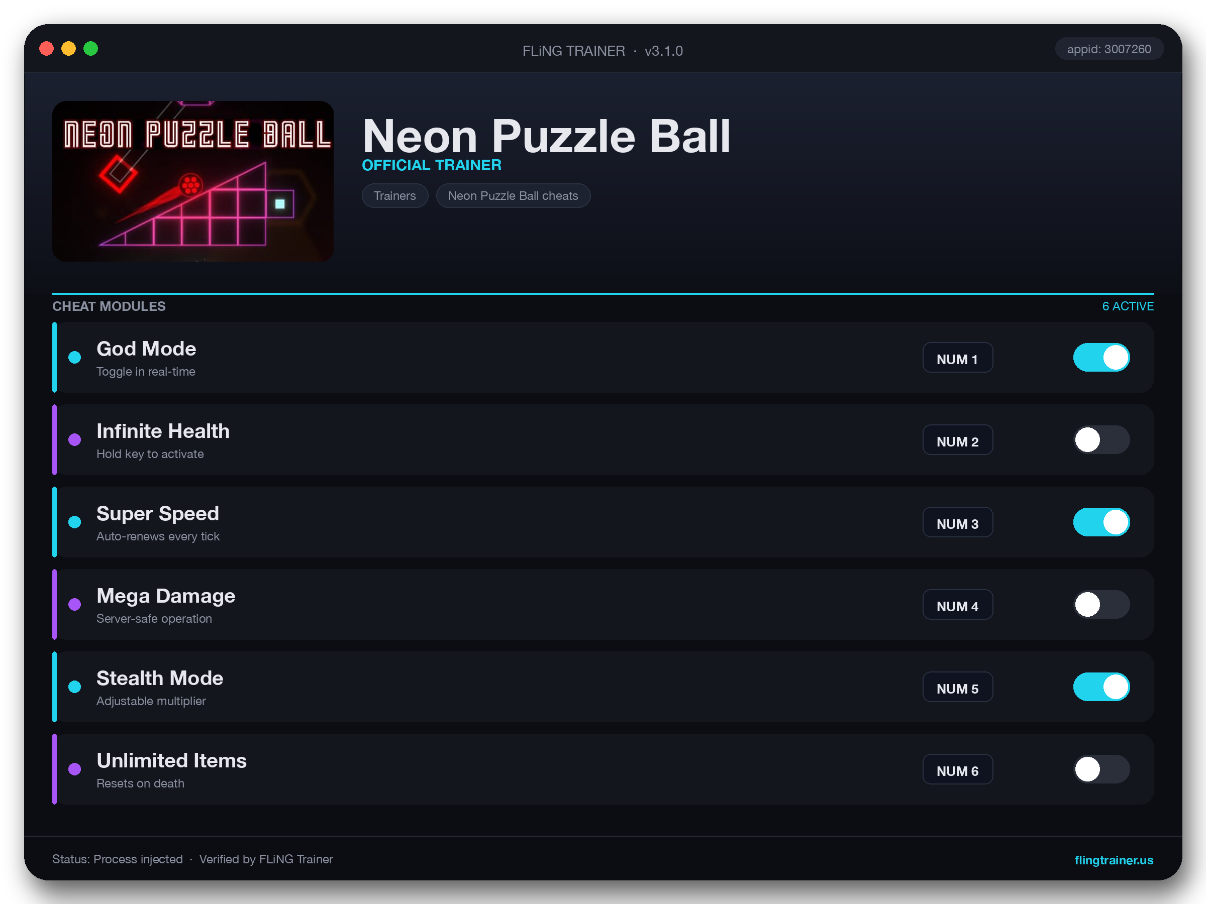 Neon Puzzle Ball Trainer interface