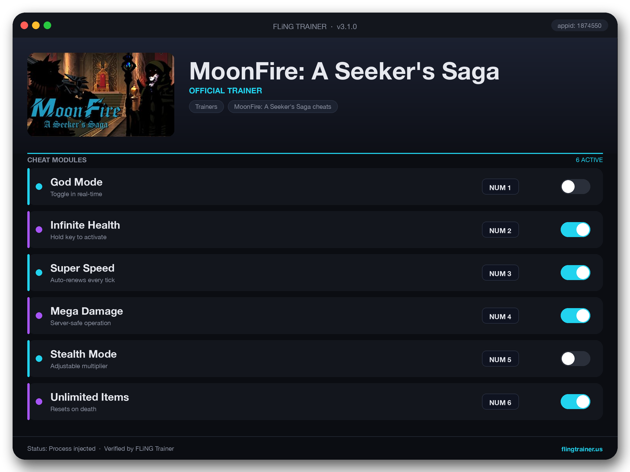 MoonFire: A Seeker's Saga Trainer interface