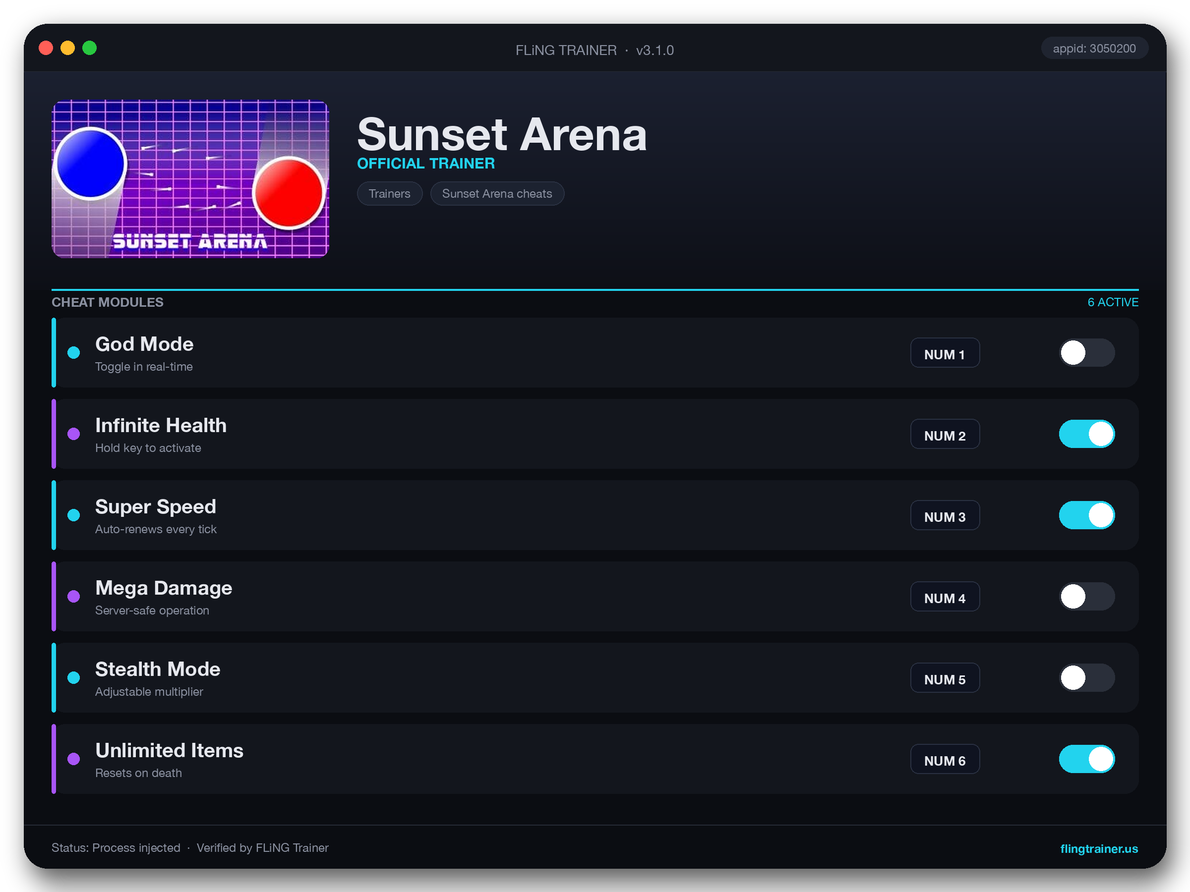 Sunset Arena Trainer interface