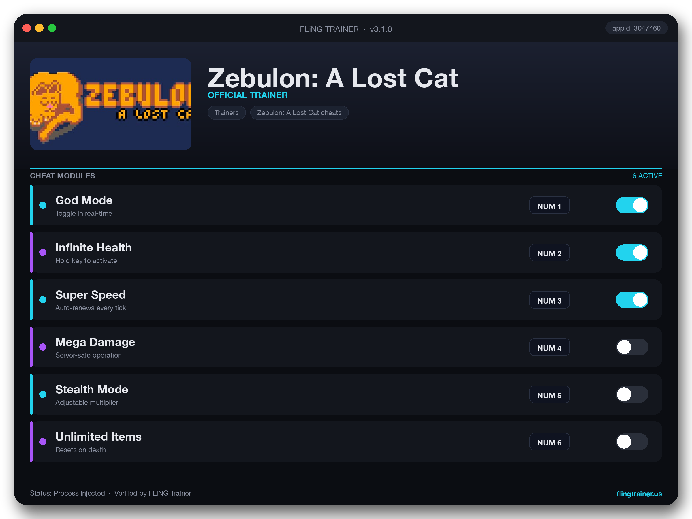 Zebulon: A Lost Cat Trainer interface