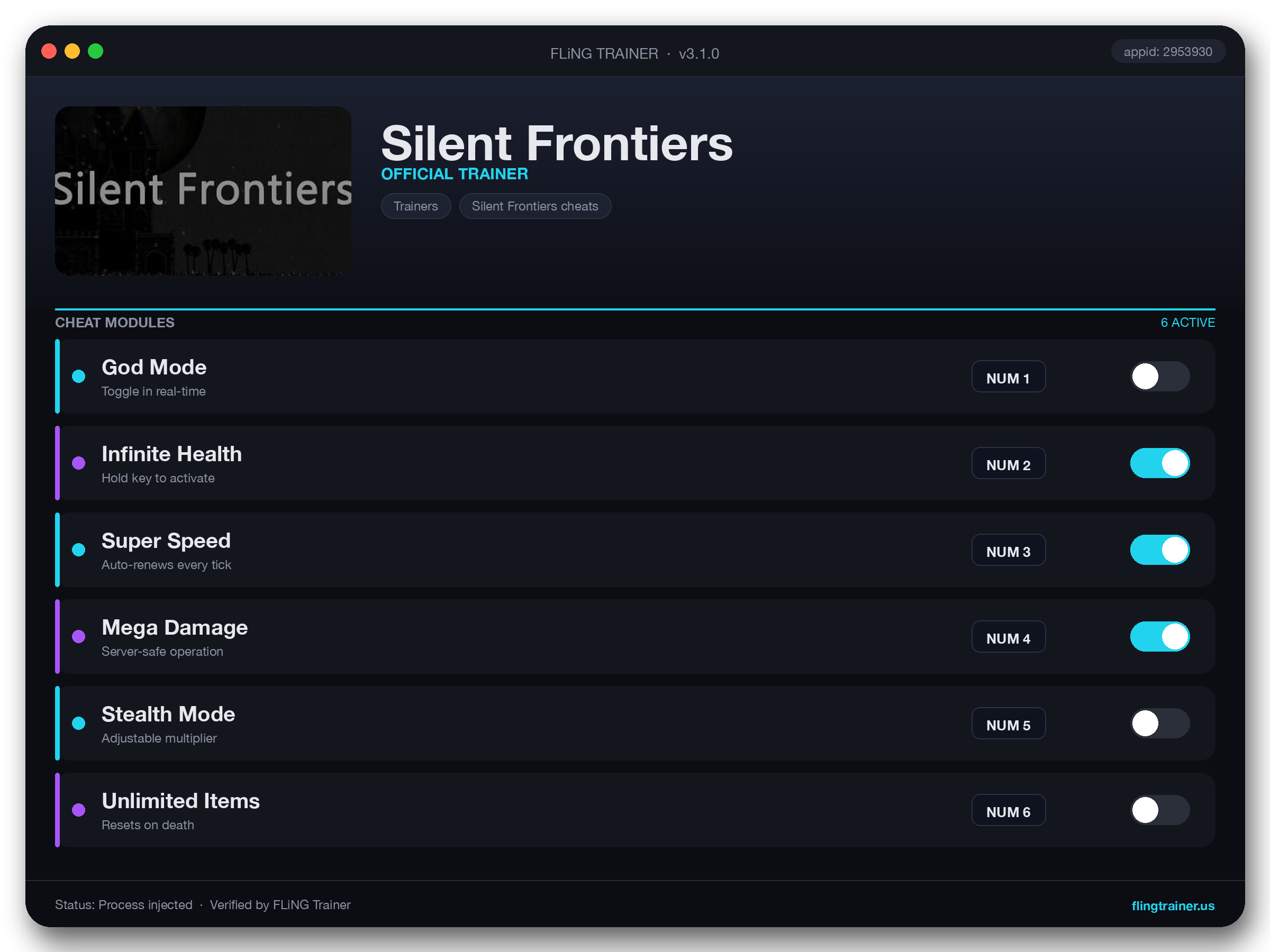 Silent Frontiers Trainer interface