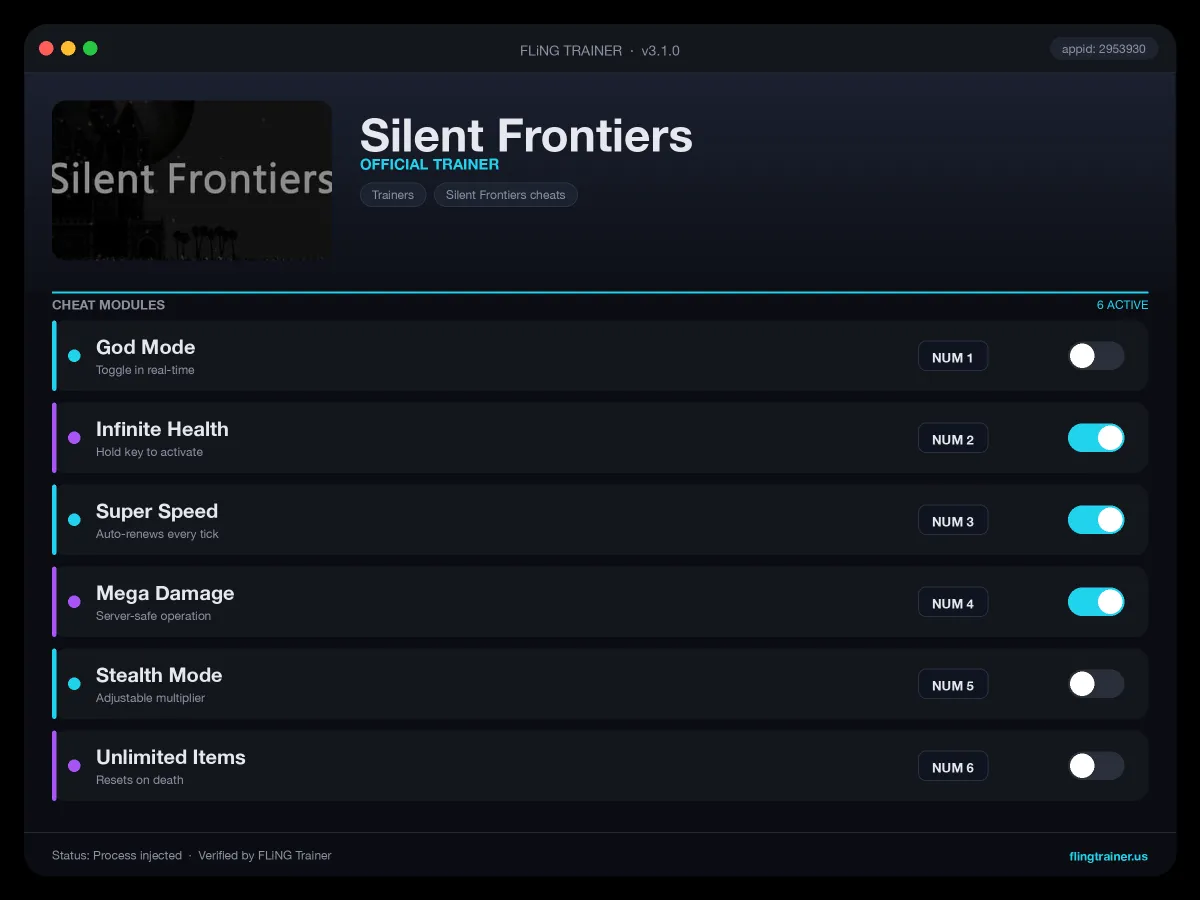 Silent Frontiers Trainer interface