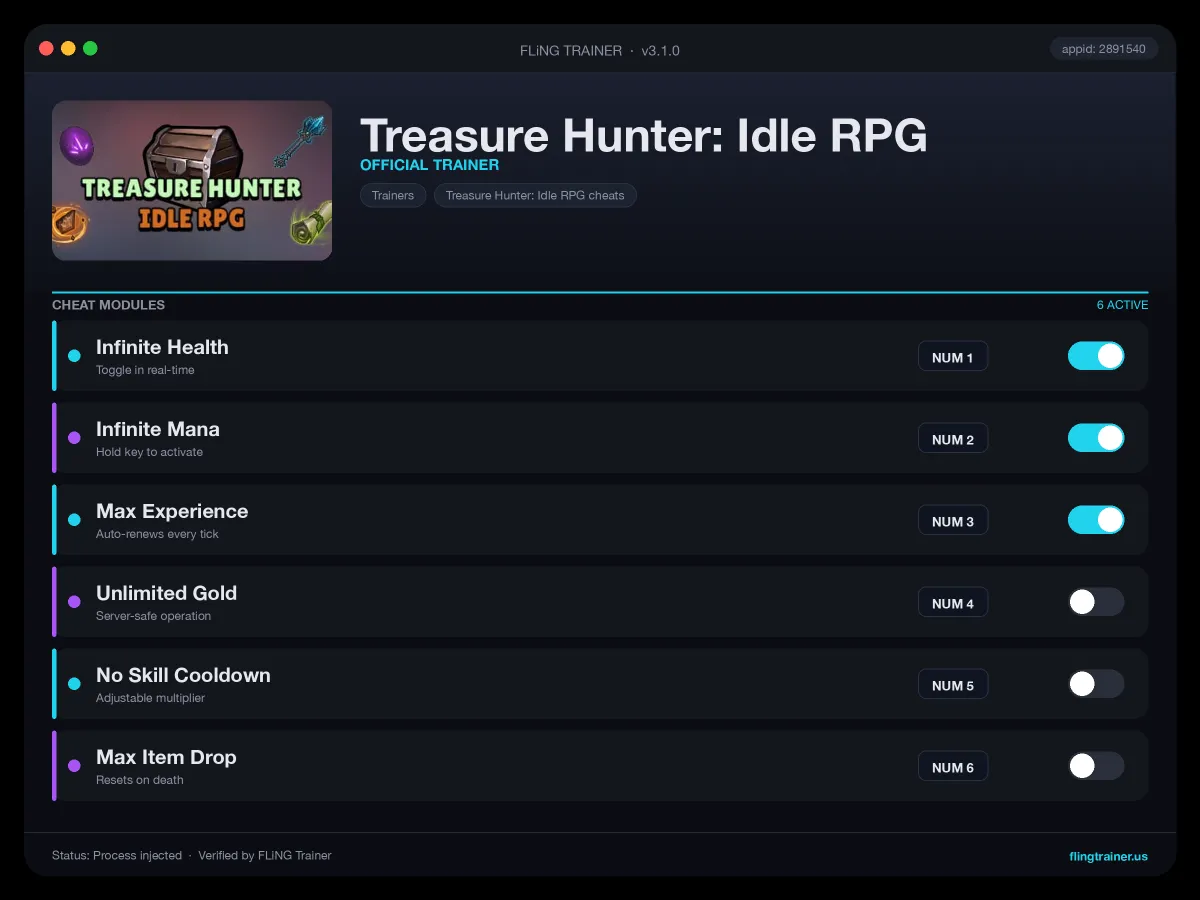 Treasure Hunter: Idle RPG Trainer interface