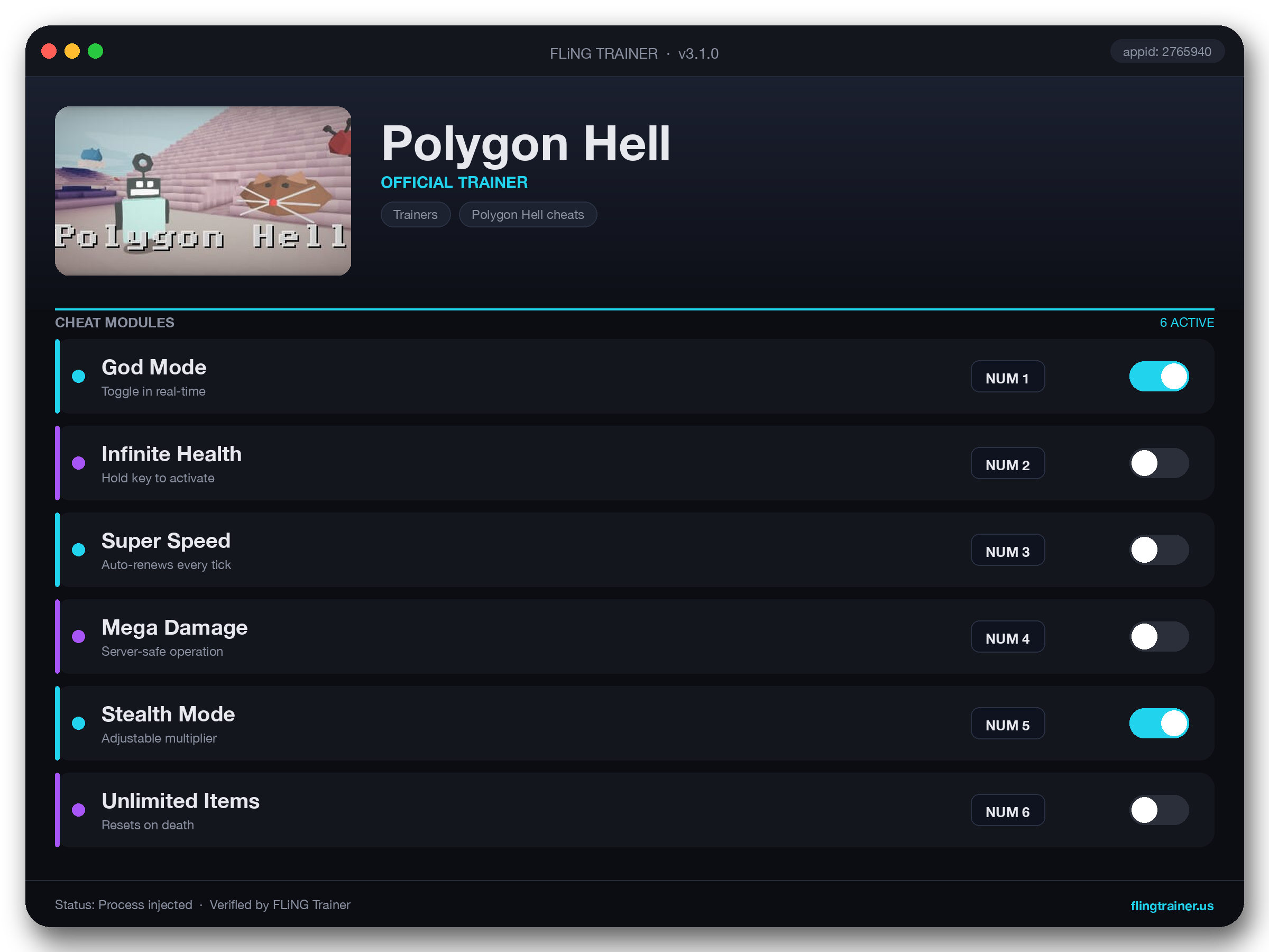 Polygon Hell Trainer interface