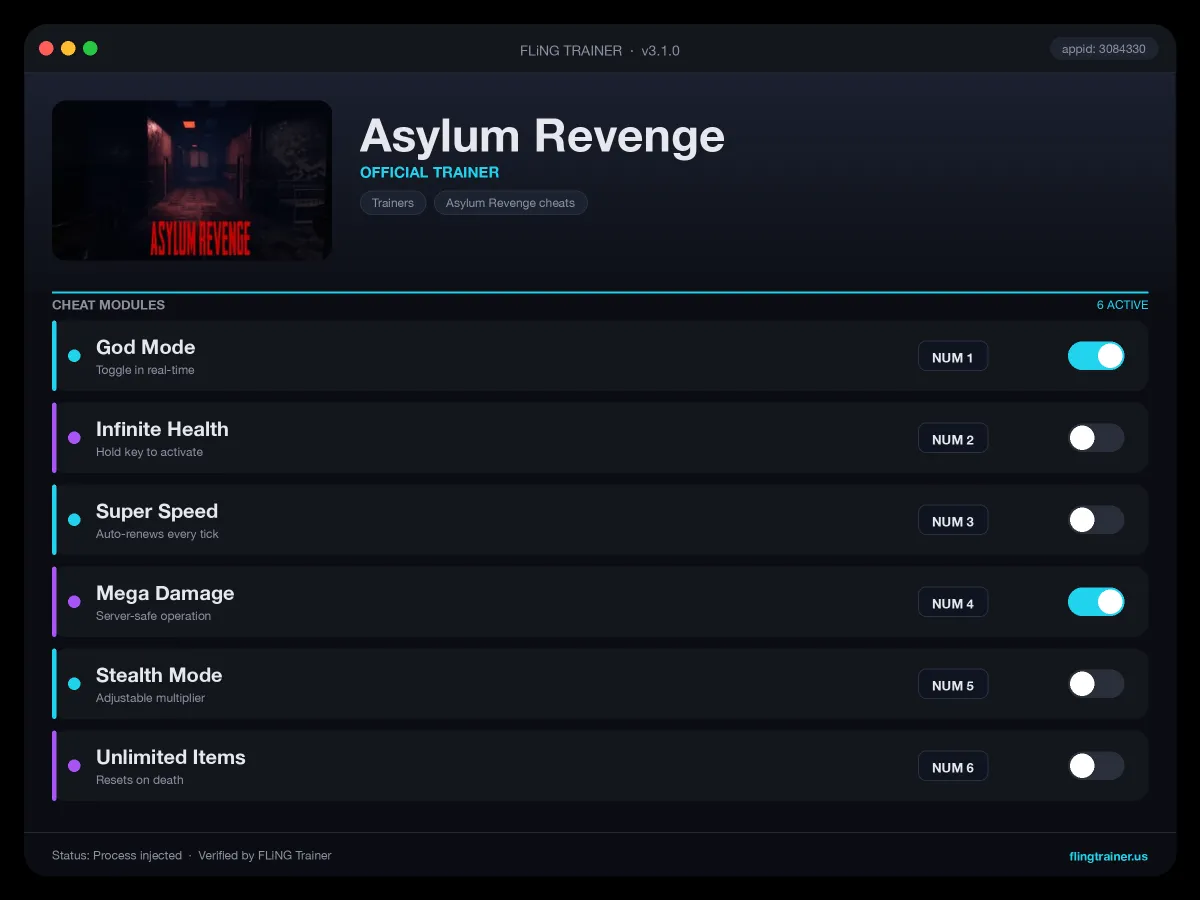 Asylum Revenge Trainer interface