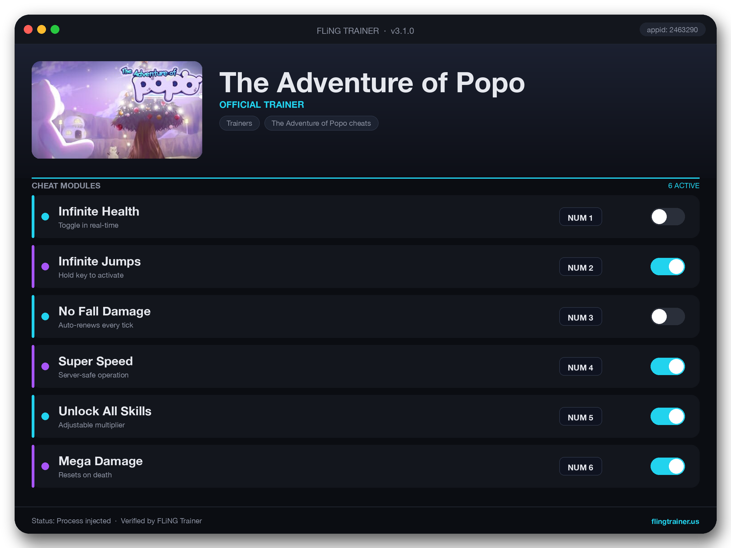 The Adventure of Popo Trainer interface