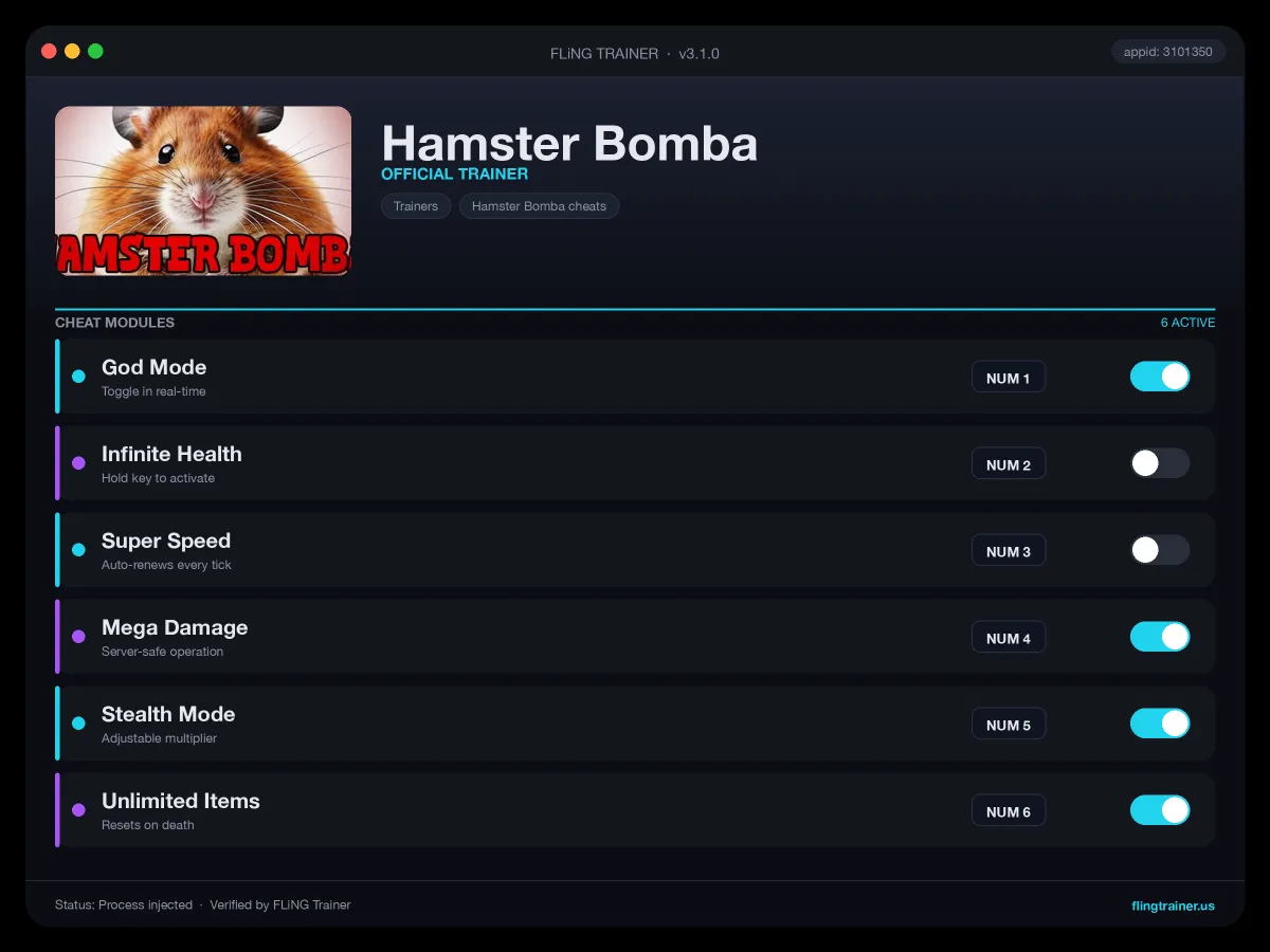Hamster Bomba Trainer interface
