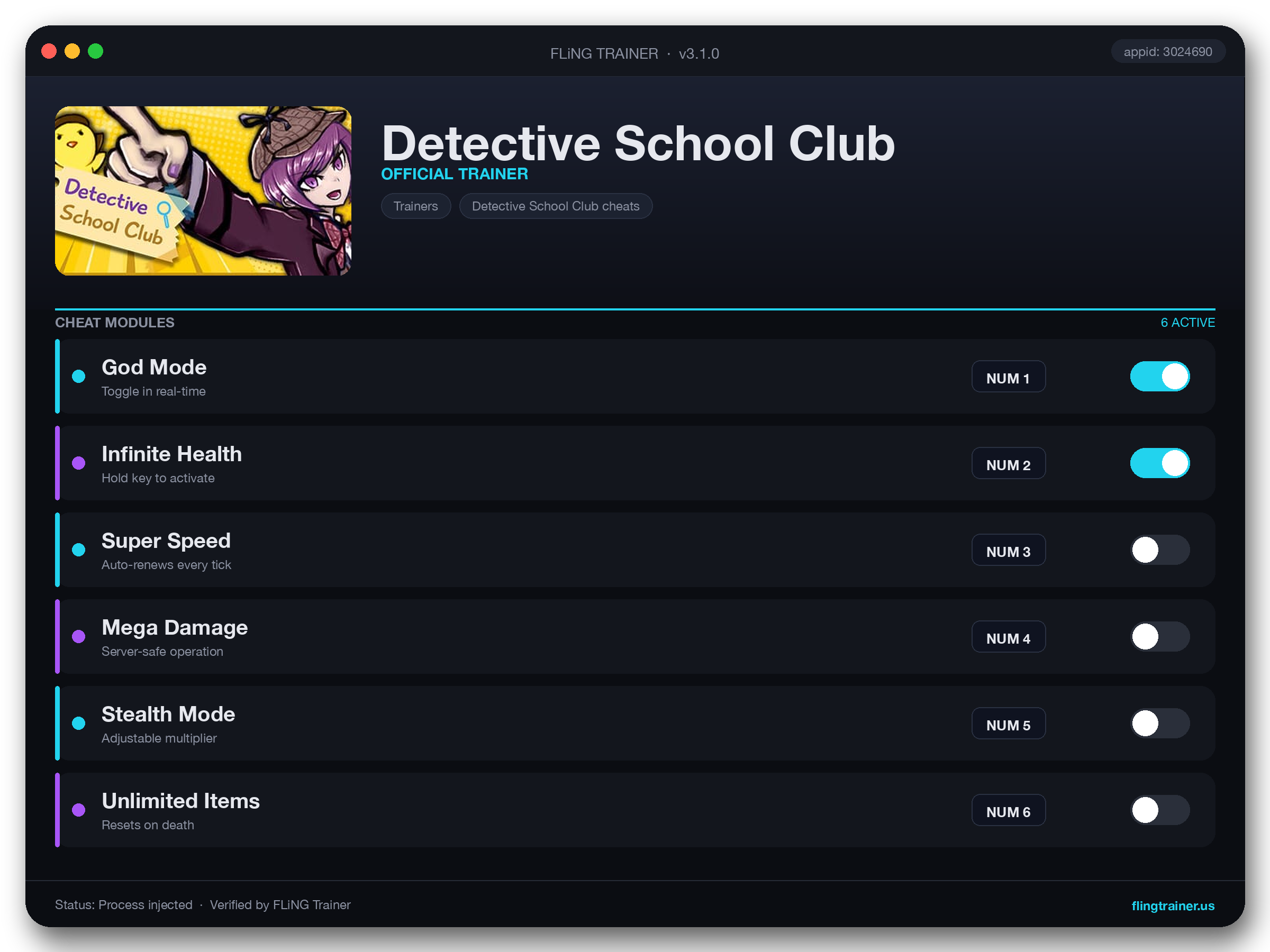 Detective School Club Trainer interface