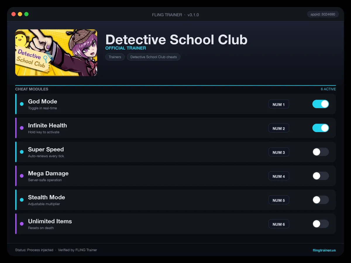 Detective School Club Trainer interface