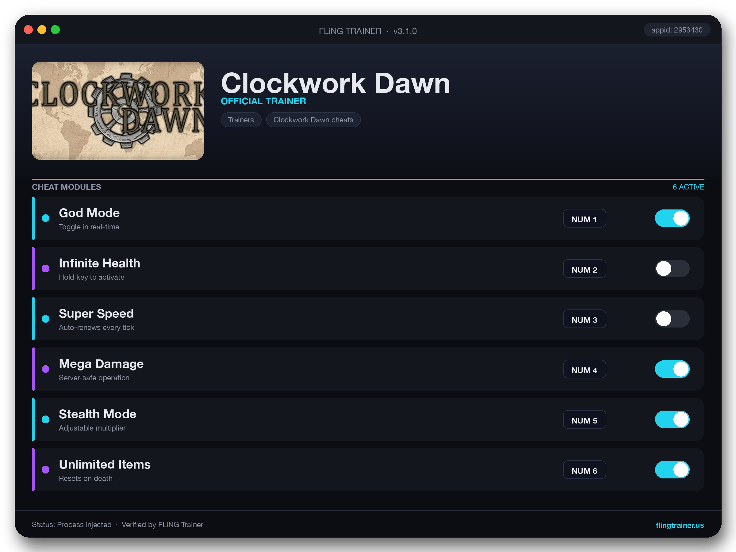 Clockwork Dawn Trainer interface