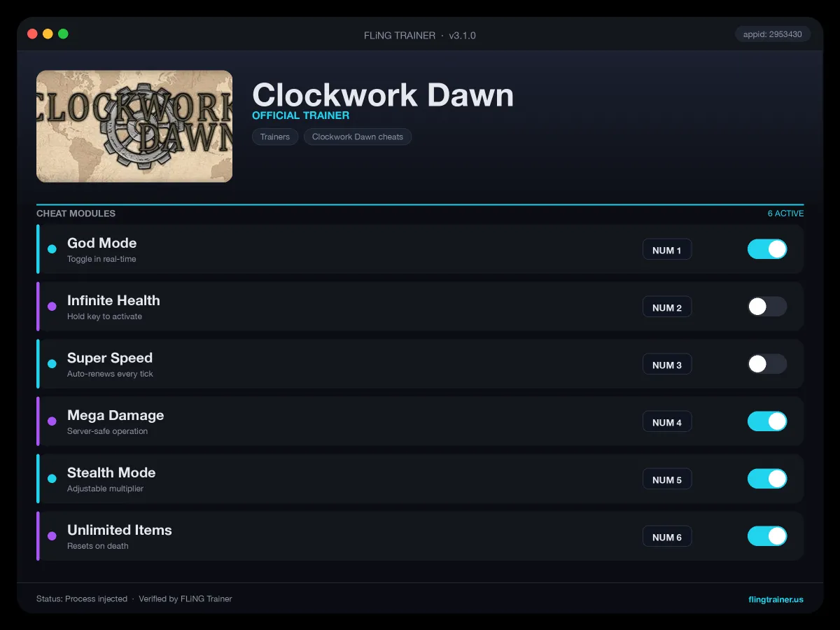 Clockwork Dawn Trainer interface