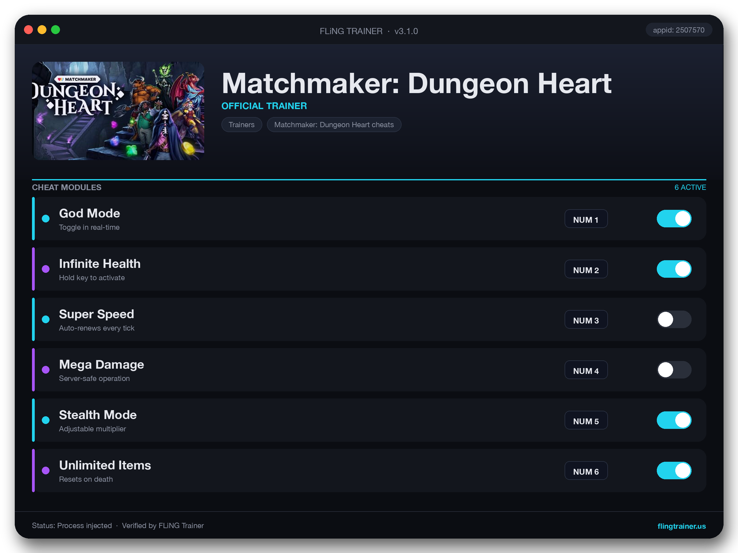 Matchmaker: Dungeon Heart Trainer interface