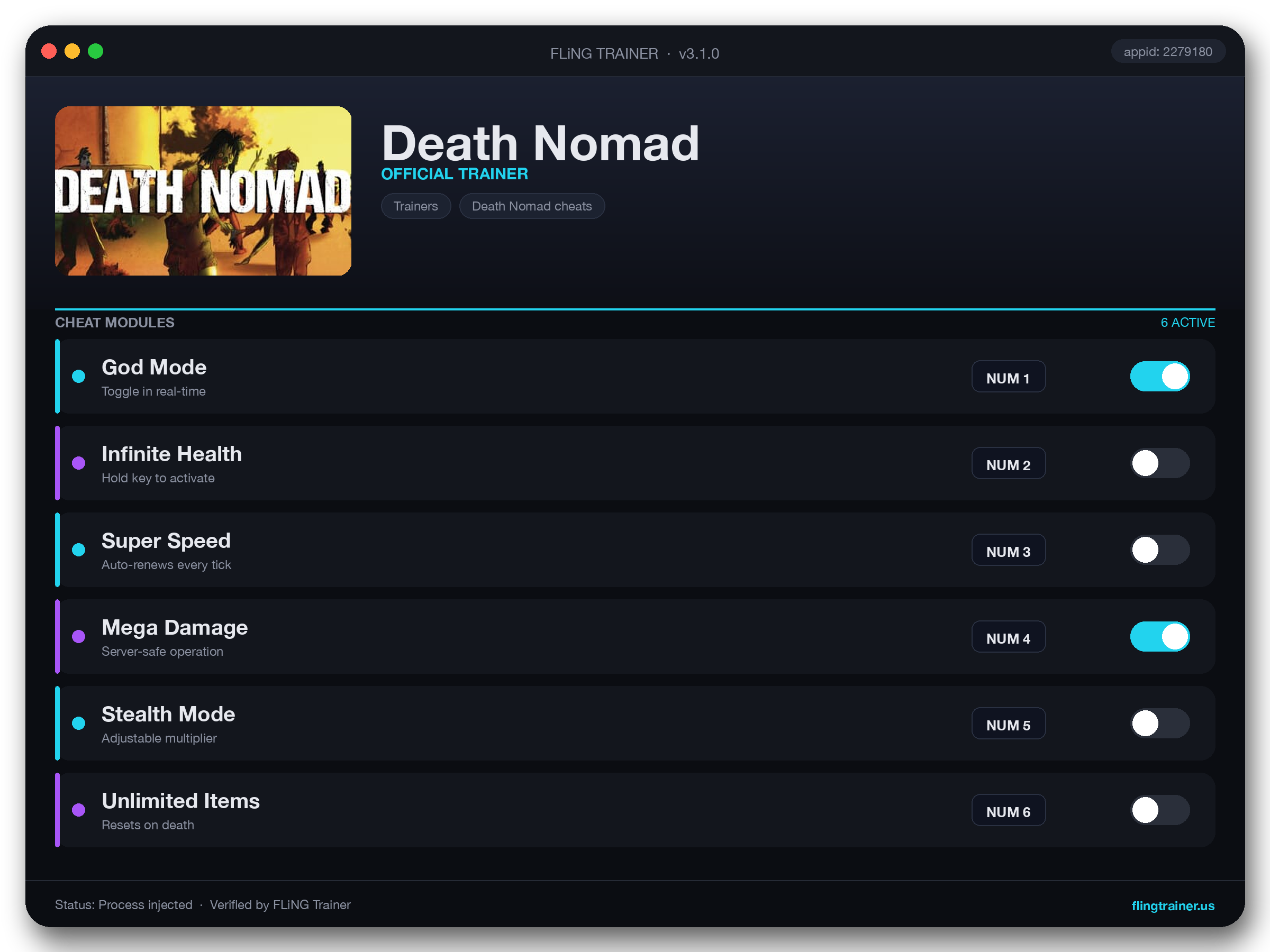 Death Nomad Trainer interface